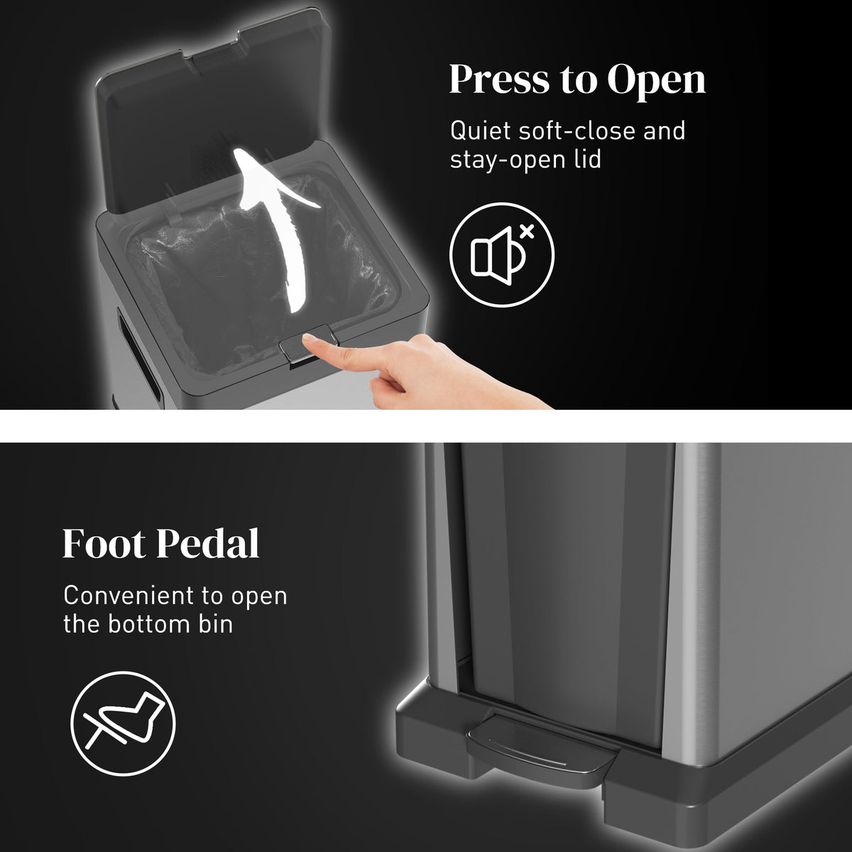 HOMCOM Dual Kitchen Bin, 20+14L Double Bin for Recycling and Waste, Stainless Steel Vertical Pedal Bin with Tilt Out Bin, Soft-Close Lid, Removable Inner Buckets and Handles, Silver