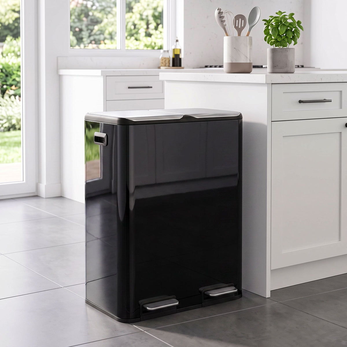 2 x 30L Double Kitchen Bin, Stainless Steel Pedal Rubbish Bin with Dual Compartments, Soft Close & Stay-Open Lids, Removable Inner Buckets for Kitchen, Home, Office, Recycling, High Gloss Black