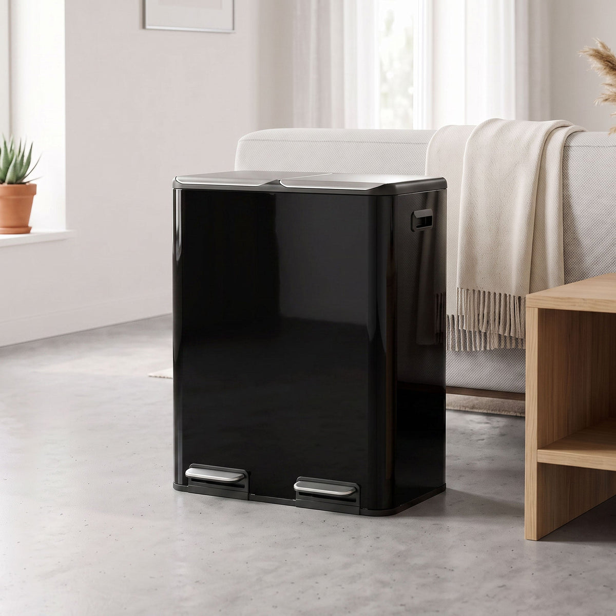 2 x 30L Double Kitchen Bin, Stainless Steel Pedal Rubbish Bin with Dual Compartments, Soft Close & Stay-Open Lids, Removable Inner Buckets for Kitchen, Home, Office, Recycling, High Gloss Black