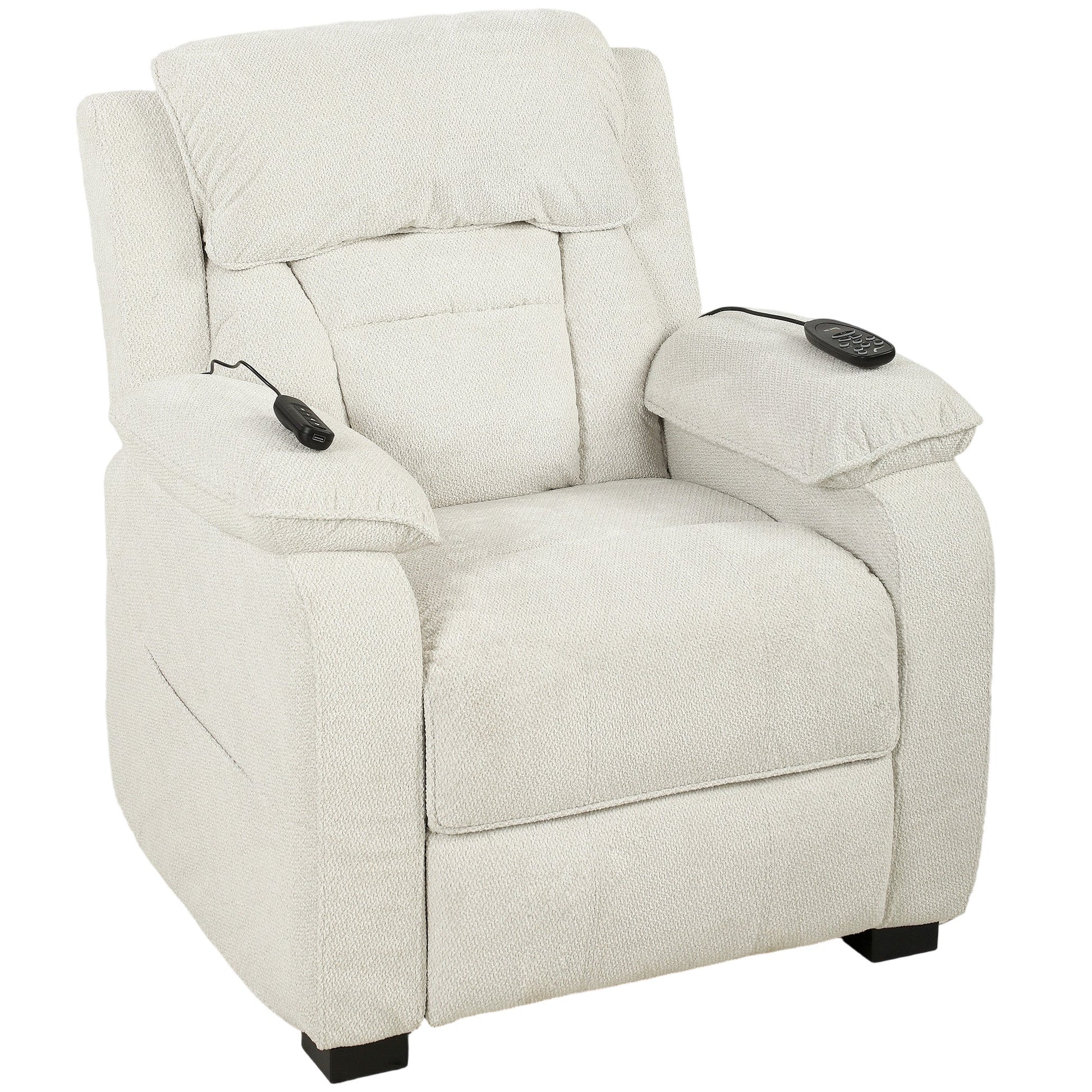 Power Recliner Armchair with Massage and Heat, Velvet-Feel Fabric Quiet Electric Reclining Chair with Wide Spring Seat, Memory Function, High Back, Headrest, USB Port, Side Pockets, Cream White