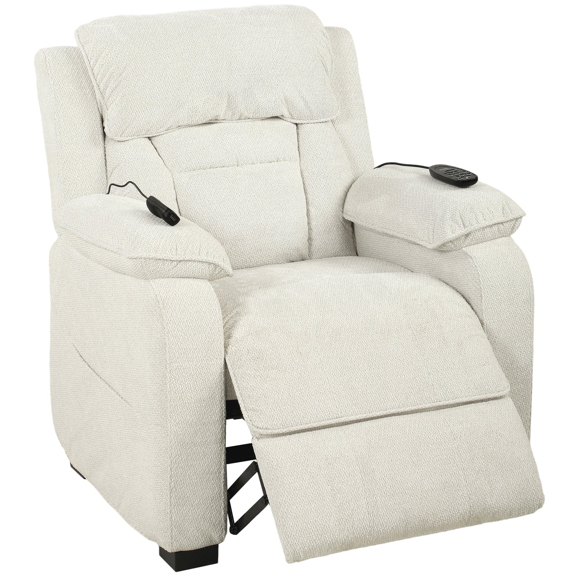 Power Recliner Armchair with Massage and Heat, Velvet-Feel Fabric Quiet Electric Reclining Chair with Wide Spring Seat, Memory Function, High Back, Headrest, USB Port, Side Pockets, Cream White