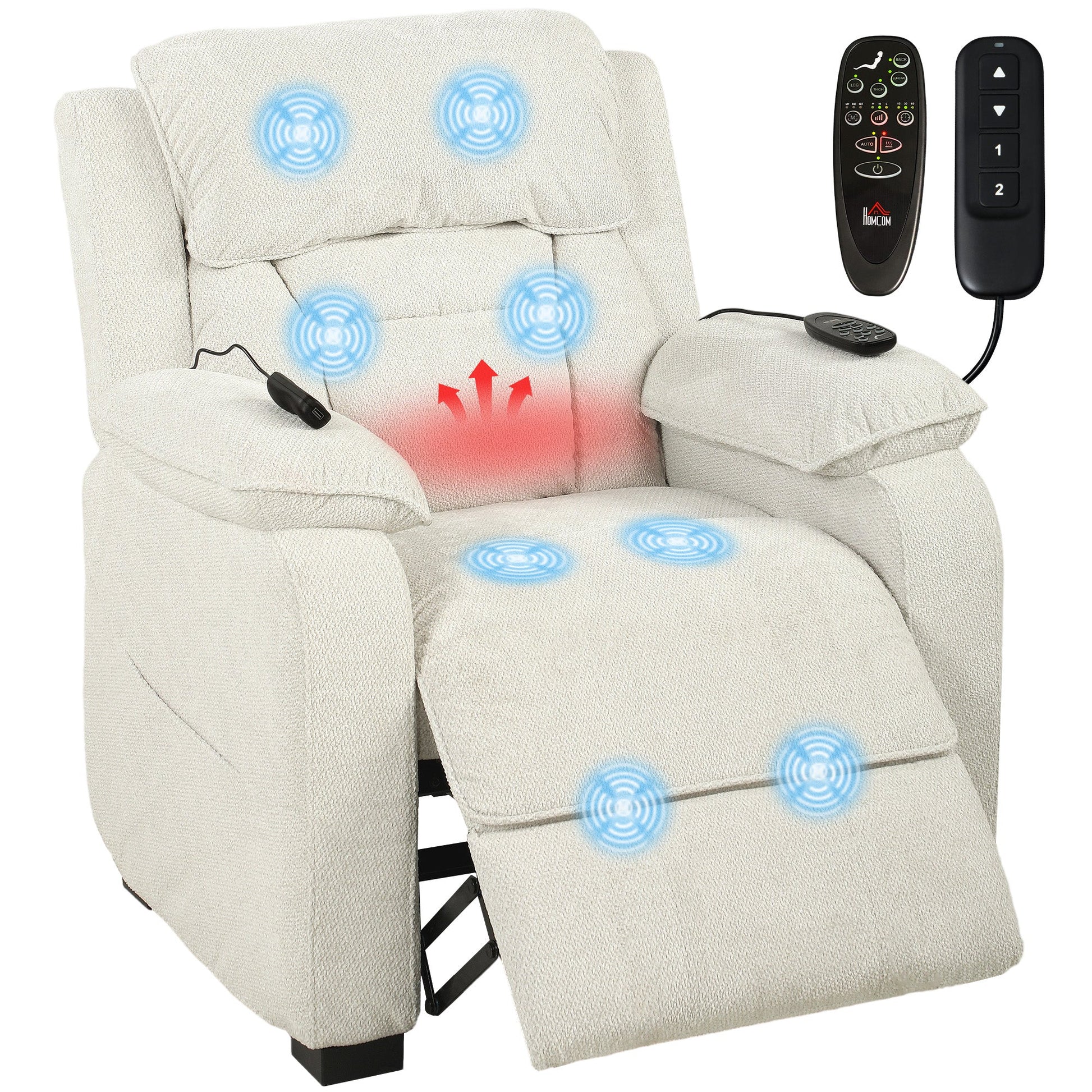 Power Recliner Armchair with Massage and Heat, Velvet-Feel Fabric Quiet Electric Reclining Chair with Wide Spring Seat, Memory Function, High Back, Headrest, USB Port, Side Pockets, Cream White