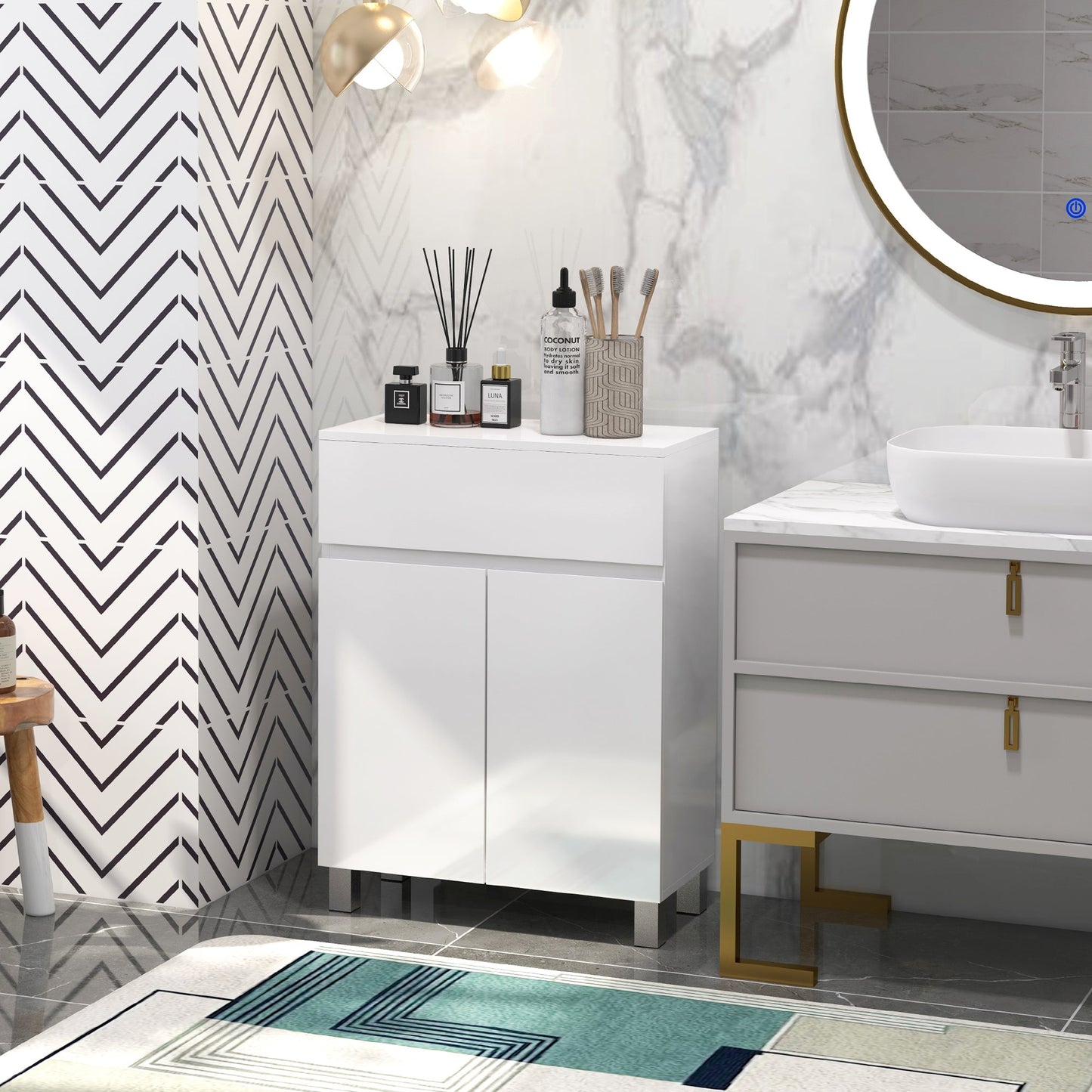 kleankin High Gloss Bathroom Cabinet, Free Standing Storage Cupboard with Drawer and Adjustable Shelf, White