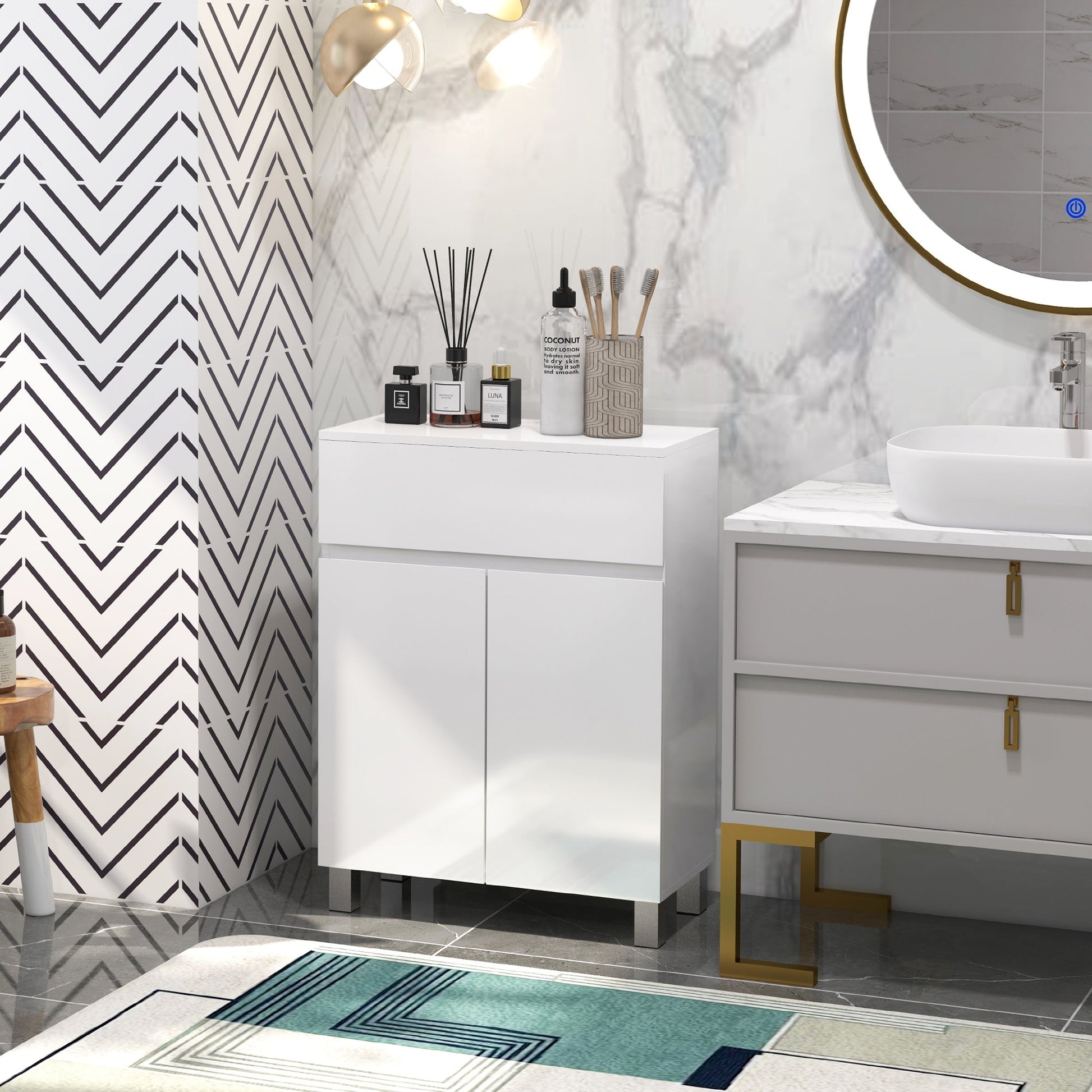 kleankin High Gloss Bathroom Cabinet, Free Standing Storage Cupboard with Drawer and Adjustable Shelf, White