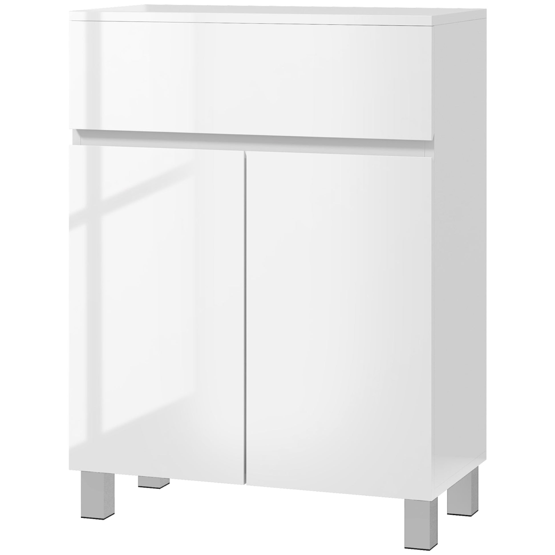kleankin High Gloss Bathroom Cabinet, Free Standing Storage Cupboard with Drawer and Adjustable Shelf, White
