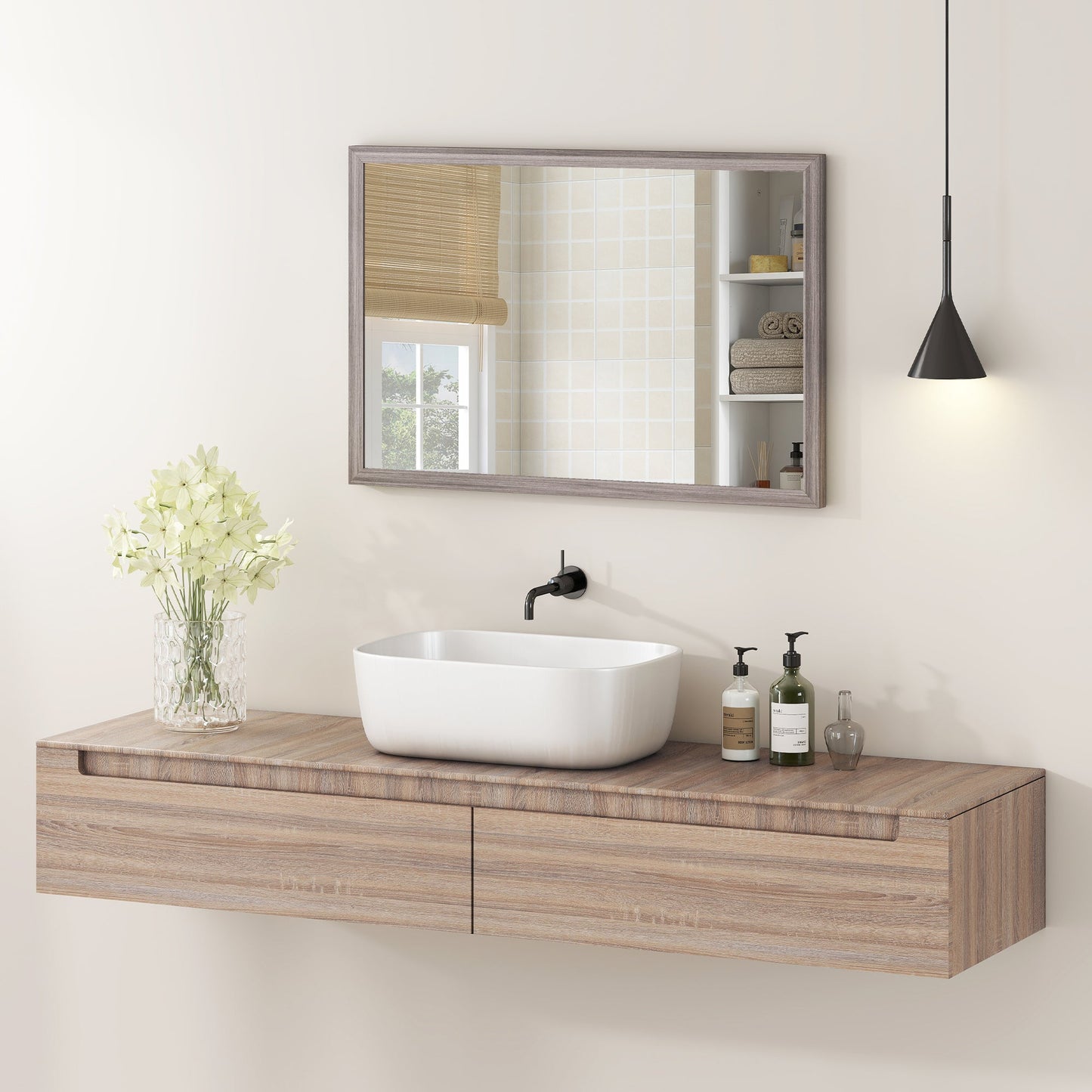 Decorative Rectangular Wall Mirror, 40W x 60H cm Wall-Mounted Bathroom Mirror for Living Room, Bedroom, Hallway, Grey Wood Grain