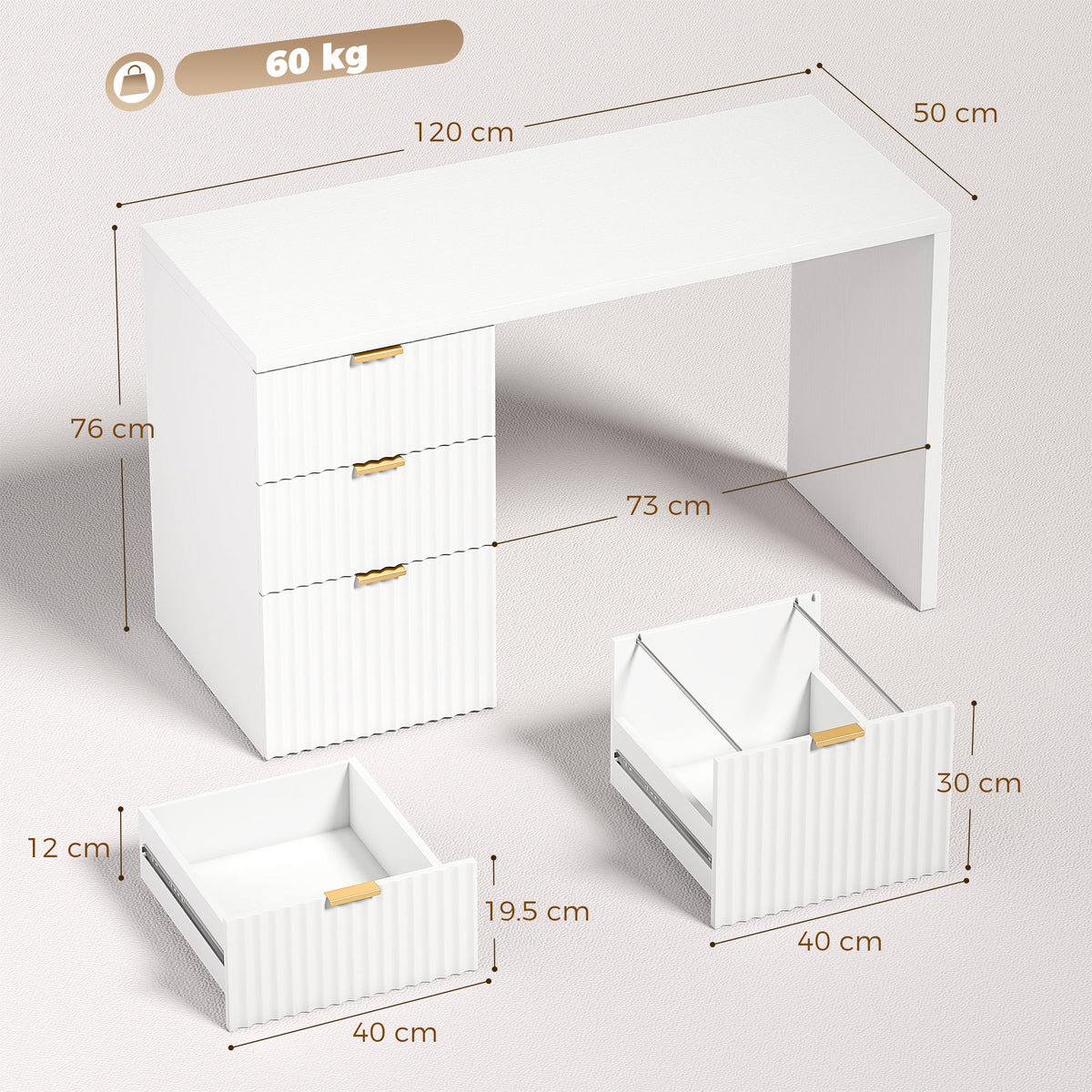 Computer Desk with 3 Drawers, 120 cm Reversible Home Office Desk with Storage, Thick Top, Modern Study Table with File Drawer for A4 and Letter Size, Bedroom, Studio, White