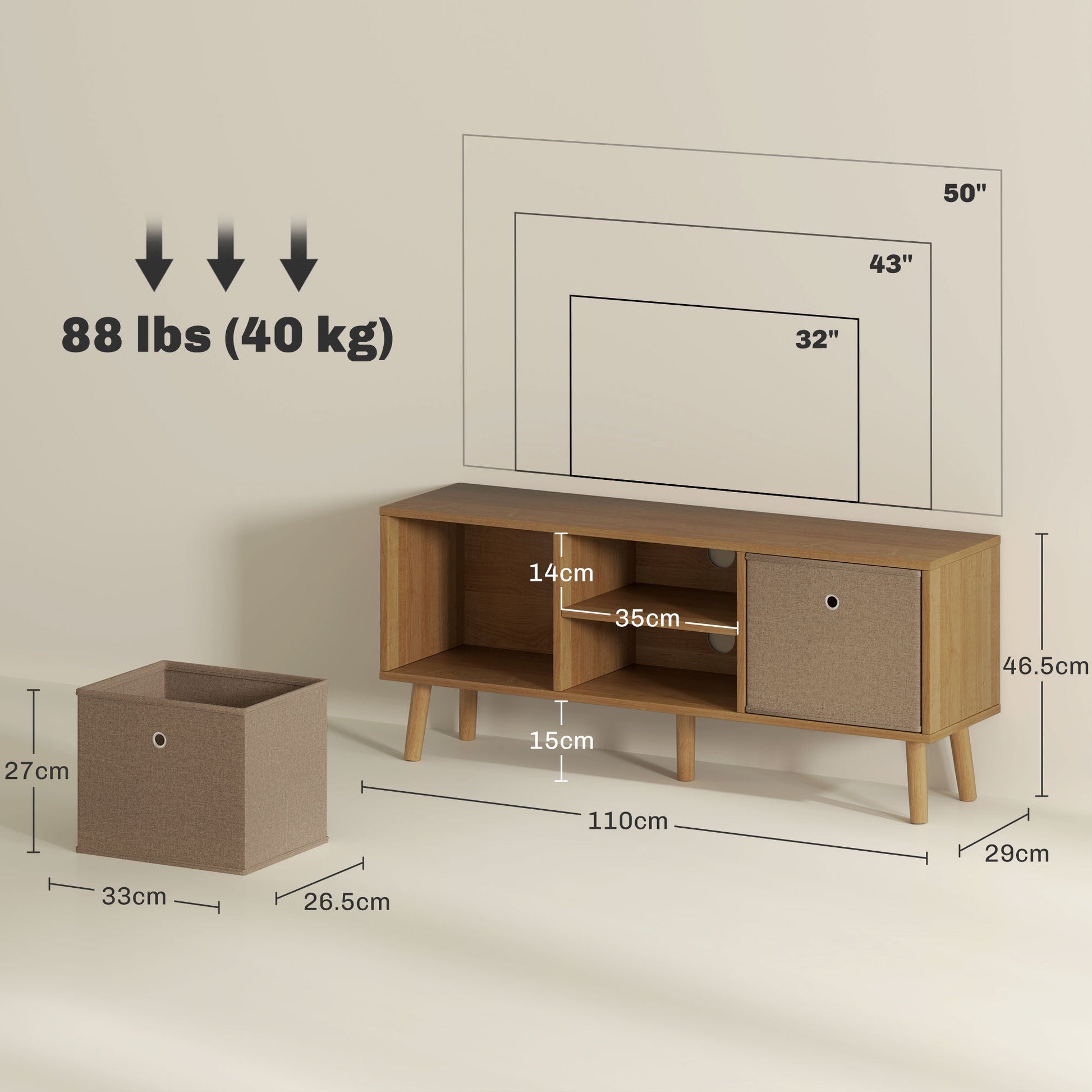 HOMCOM TV Cabinet Stand Unit for TVs up to 50" Flat Screen with Foldable Drawers and Shelves, Entertainment Centre for Living Room, Bedroom Brown