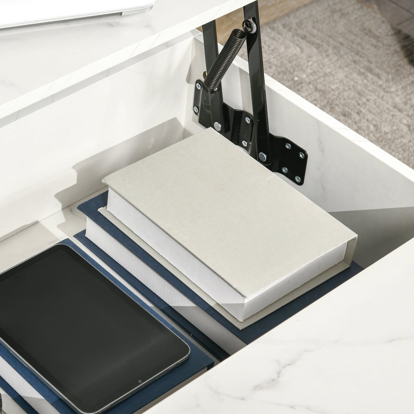 HOMCOM Lift Top Coffee Table, Lifting Coffee Table with Hidden Storage Compartment and Metal Legs, for Living Room, Faux Marble White