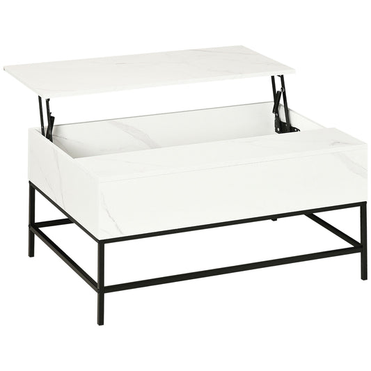 HOMCOM Lift Top Coffee Table, Lifting Coffee Table with Hidden Storage Compartment and Metal Legs, for Living Room, Faux Marble White