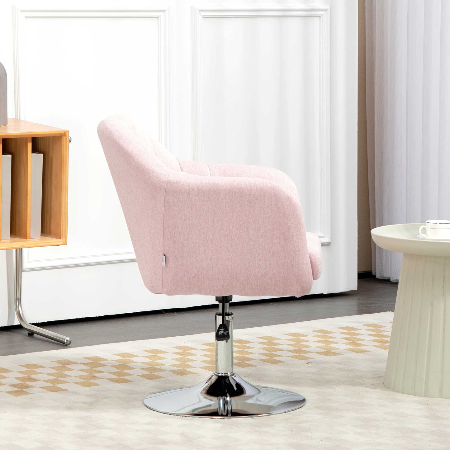 HOMCOM Swivel Linen Fabric Accent Chair for Living Room Contemporary Vanity Armchair with Adjustable Height Thick Cushion Lumbar Support Armrest for Bedroom Office Pink
