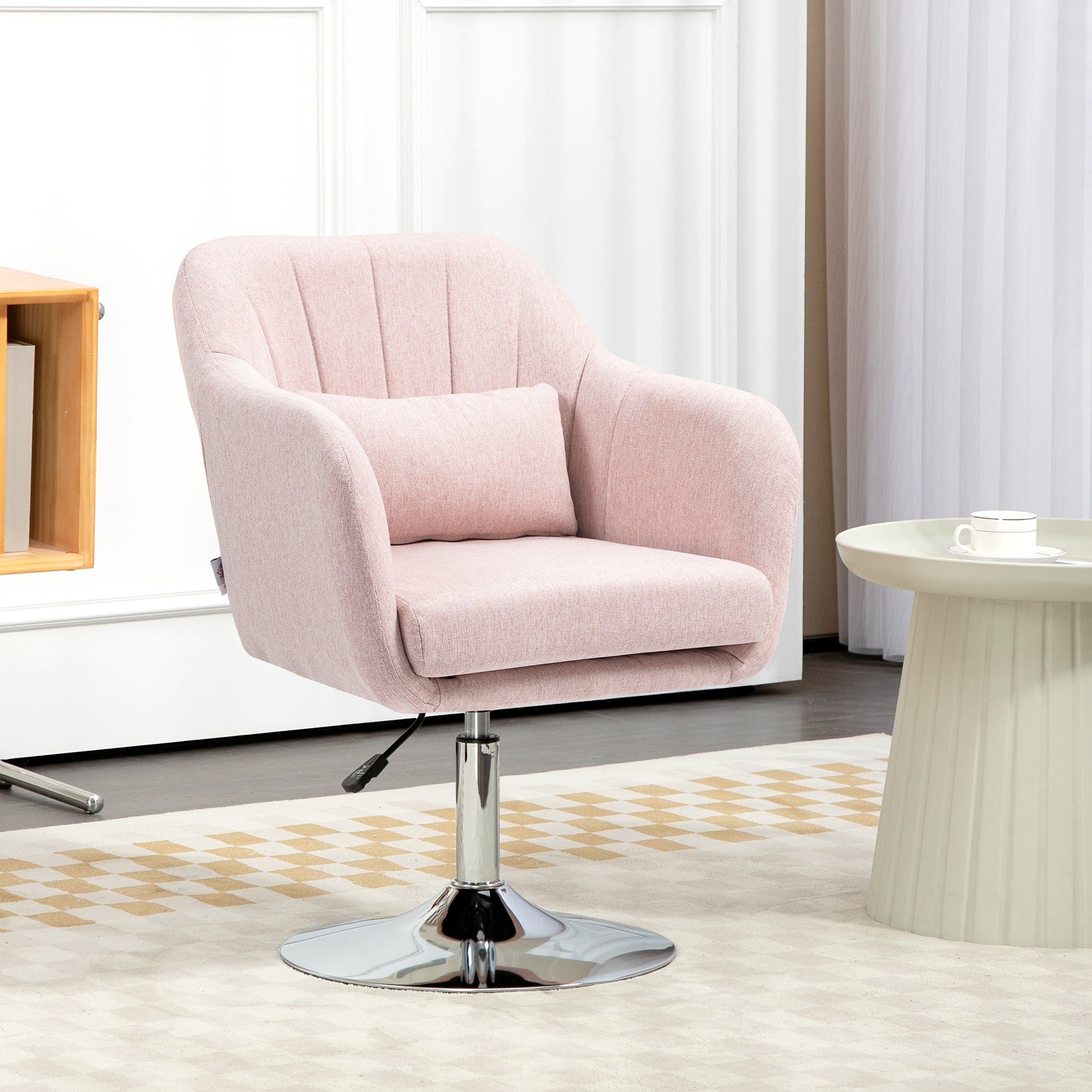 HOMCOM Swivel Linen Fabric Accent Chair for Living Room Contemporary Vanity Armchair with Adjustable Height Thick Cushion Lumbar Support Armrest for Bedroom Office Pink