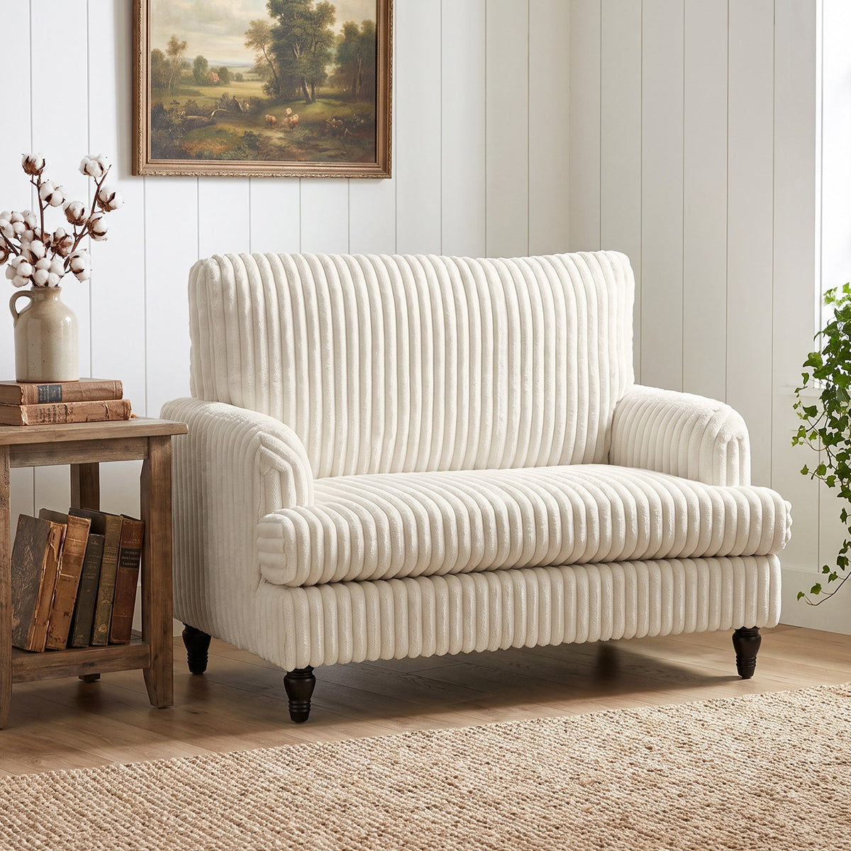 Modern Accent Chair, Corduroy Single Sofa Armchair with Stripes, Turned Legs and Wide Seat, Upholstered Snuggle Chair for Living Room, Bedroom, Cream