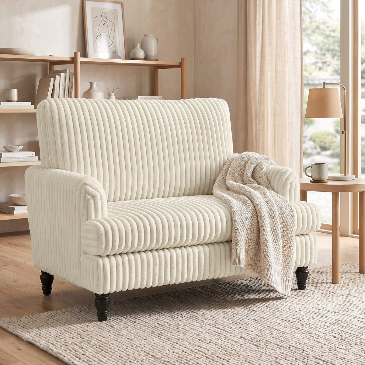 Modern Accent Chair, Corduroy Single Sofa Armchair with Stripes, Turned Legs and Wide Seat, Upholstered Snuggle Chair for Living Room, Bedroom, Cream
