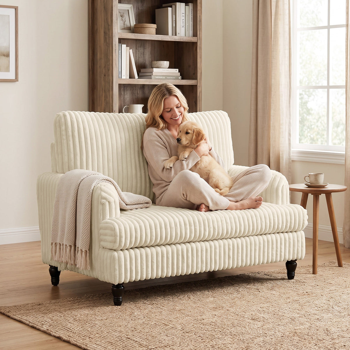 Modern Accent Chair, Corduroy Single Sofa Armchair with Stripes, Turned Legs and Wide Seat, Upholstered Snuggle Chair for Living Room, Bedroom, Cream
