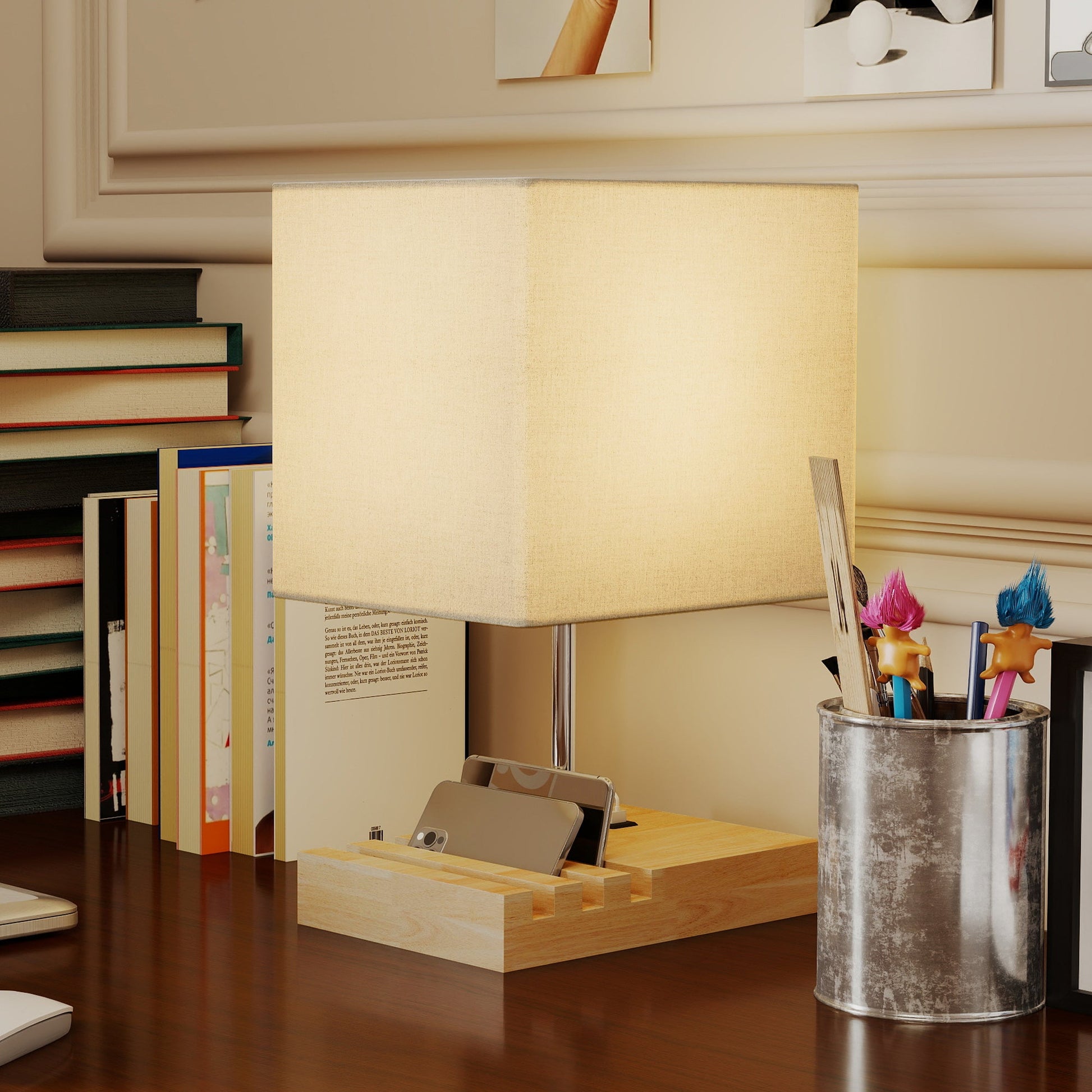 Bedside Lamp with USB A+C Charging Ports and 3 Phone Stands, Modern Table Lamp with Solid Wood Base and Fabric Shade for Bedroom Living Room Office, E27 Socket, Bulb Not Included, White