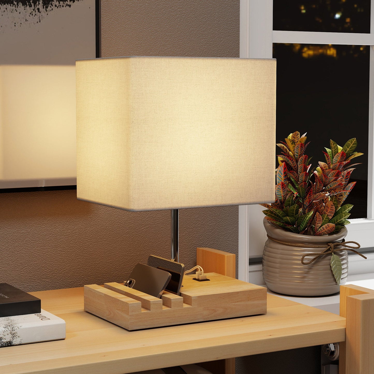 Bedside Lamp with USB A+C Charging Ports and 3 Phone Stands, Modern Table Lamp with Solid Wood Base and Fabric Shade for Bedroom Living Room Office, E27 Socket, Bulb Not Included, White