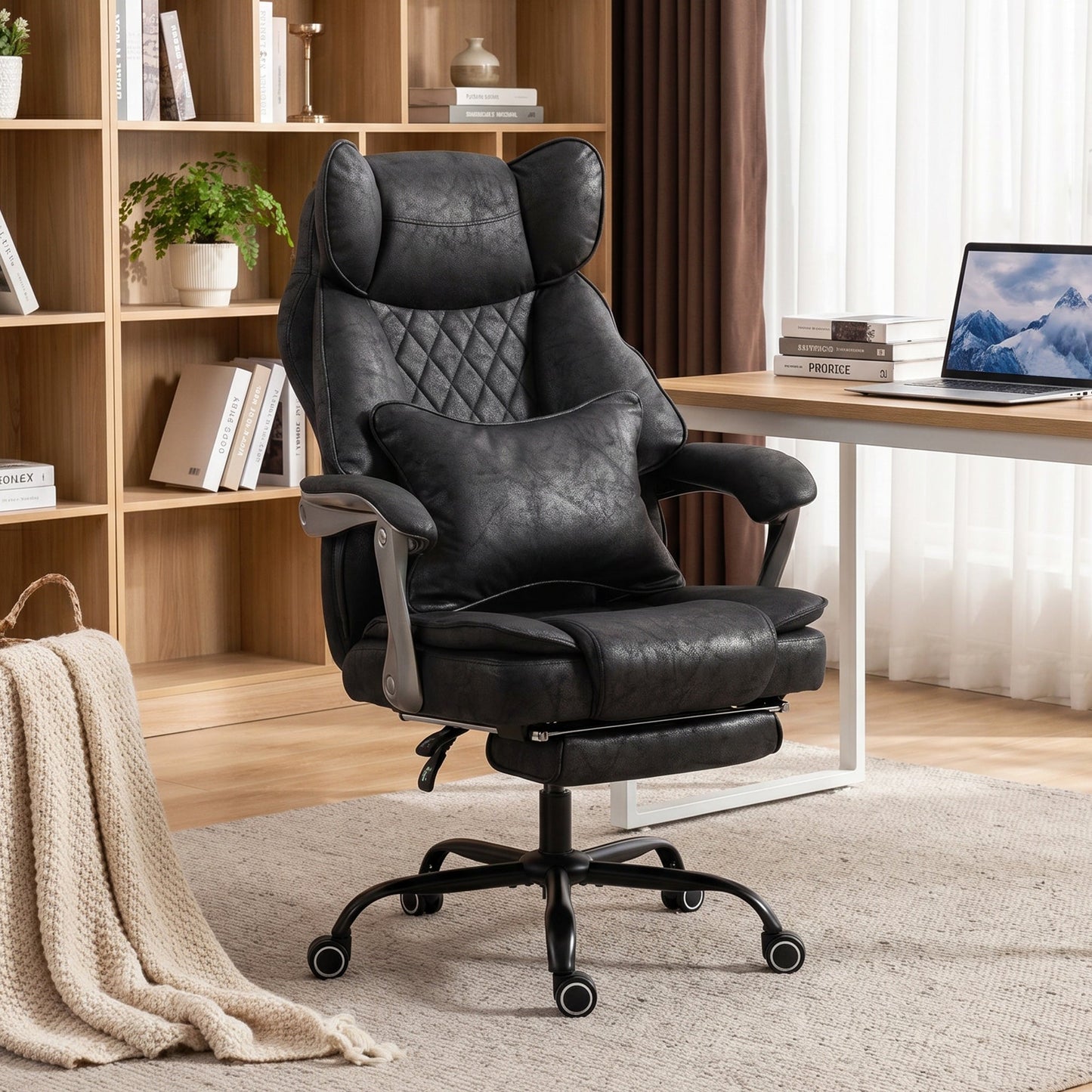 Executive Office Chair with Footrest, 180kg 400lb Big and Tall Leathaire Desk Chair with Wide Seat, Reclining Back, Lumbar Support, Built-in Headrest, Class 4 Gas Lift, Swivel Wheel, Black