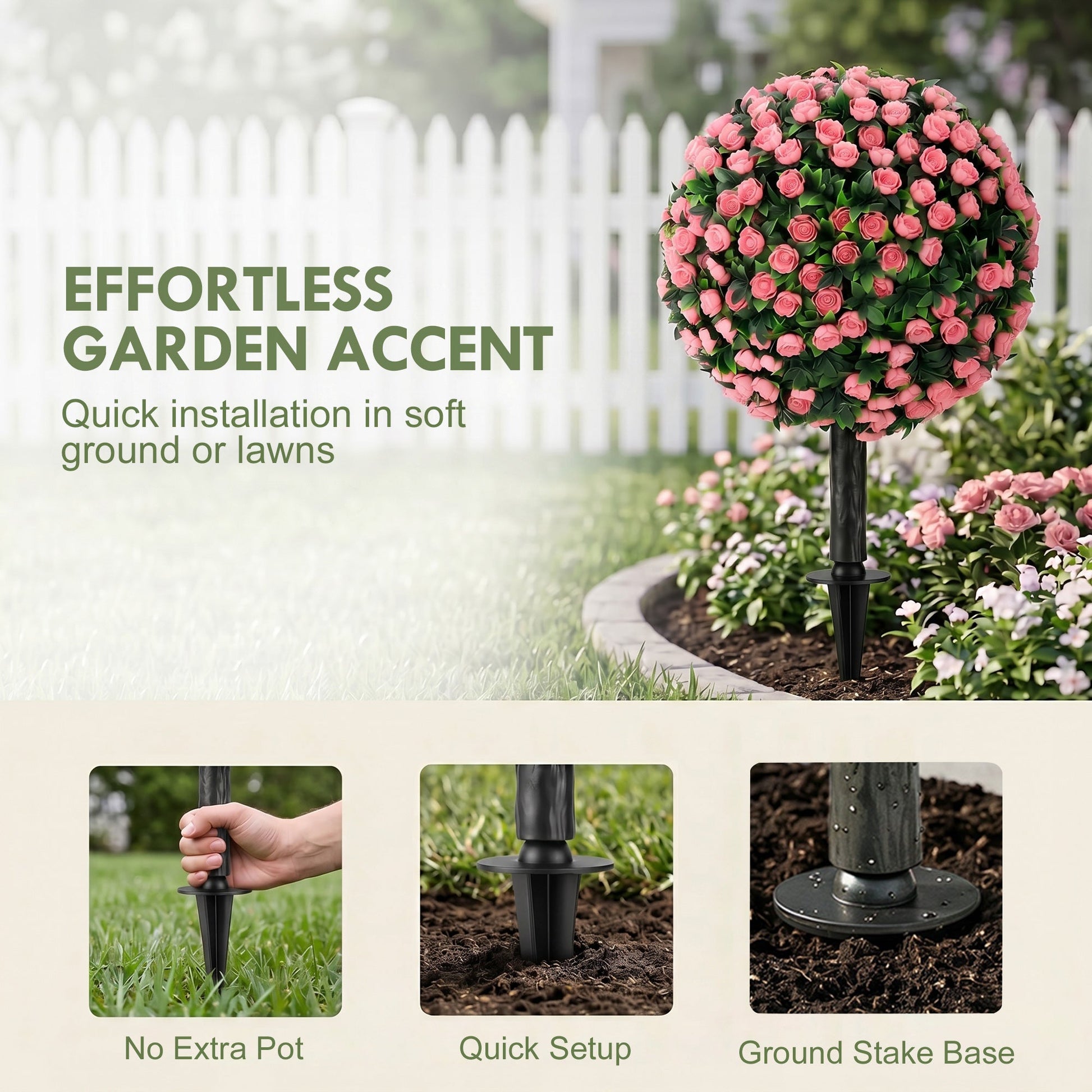 Set of 2 55 cm Artificial Rose Topiary with Ground Stake, UV-Resistant Fake Plants with 306 Roses and Leaves for Indoor Outdoor Home Office Garden Decor, Pink