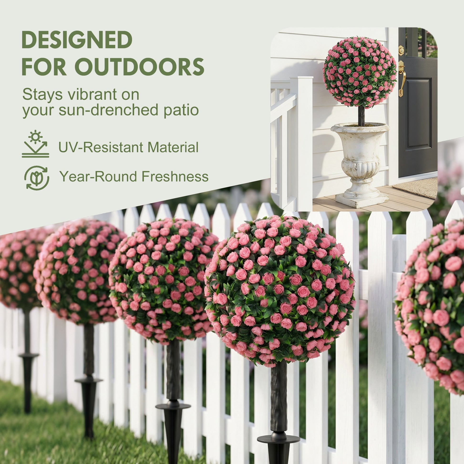 Set of 2 55 cm Artificial Rose Topiary with Ground Stake, UV-Resistant Fake Plants with 306 Roses and Leaves for Indoor Outdoor Home Office Garden Decor, Pink