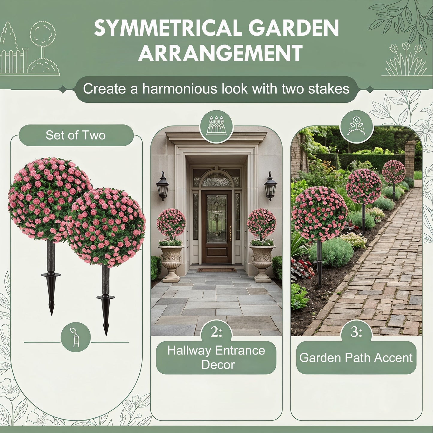 Set of 2 55 cm Artificial Rose Topiary with Ground Stake, UV-Resistant Fake Plants with 306 Roses and Leaves for Indoor Outdoor Home Office Garden Decor, Pink