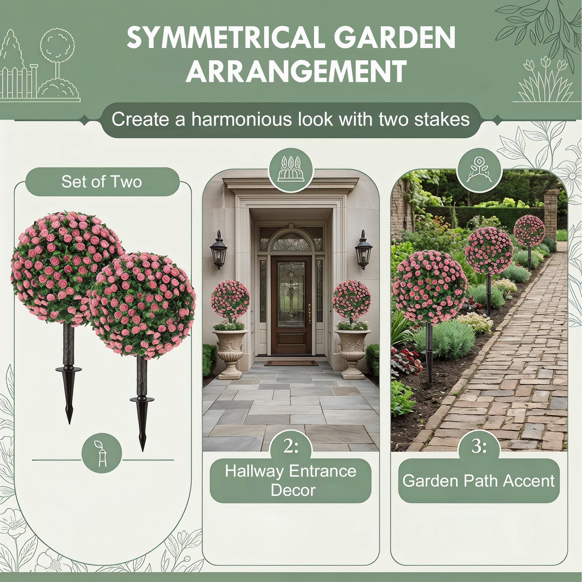 Set of 2 55 cm Artificial Rose Topiary with Ground Stake, UV-Resistant Fake Plants with 306 Roses and Leaves for Indoor Outdoor Home Office Garden Decor, Pink