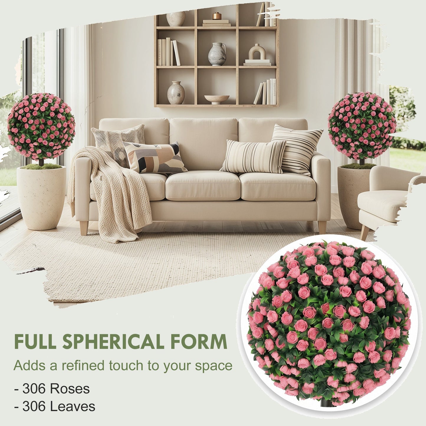 Set of 2 55 cm Artificial Rose Topiary with Ground Stake, UV-Resistant Fake Plants with 306 Roses and Leaves for Indoor Outdoor Home Office Garden Decor, Pink