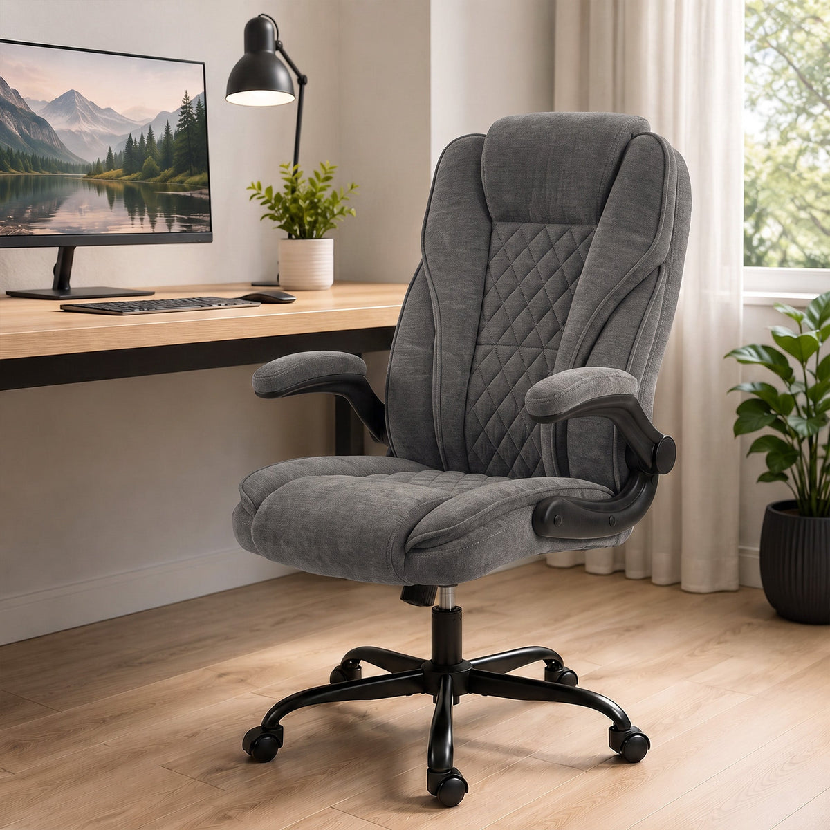 Office Chair, Ergonomic Executive Desk Chair with Padded Flip-up Armrest, Pocket Springs, Swivel Wheels, Multiple Angle Rocking, Adjustable Height, Diamond Fabric for Home Office, Dark Grey