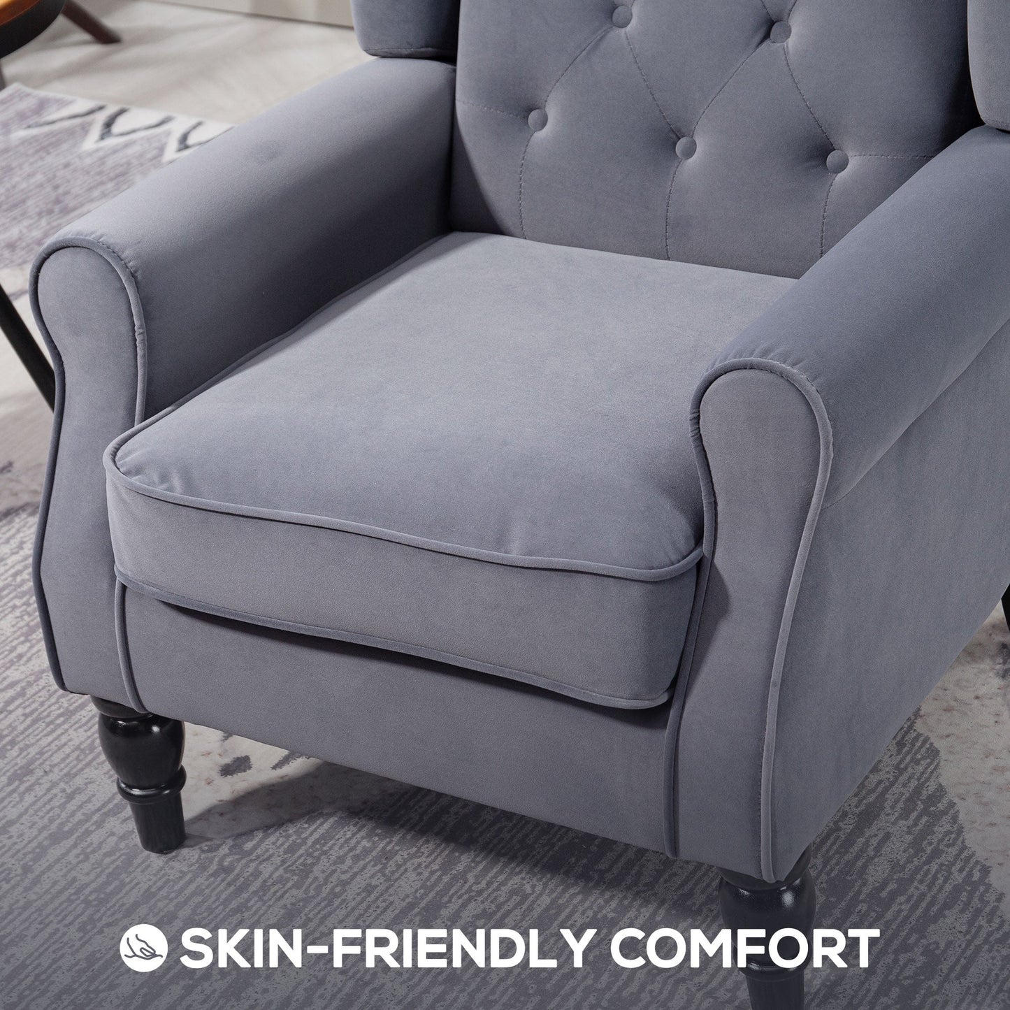 Retro Accent Chair, Velvet Wingback Armchair with Wood Frame Button Tufted Design for Living Room Bedroom, Charcoal Grey