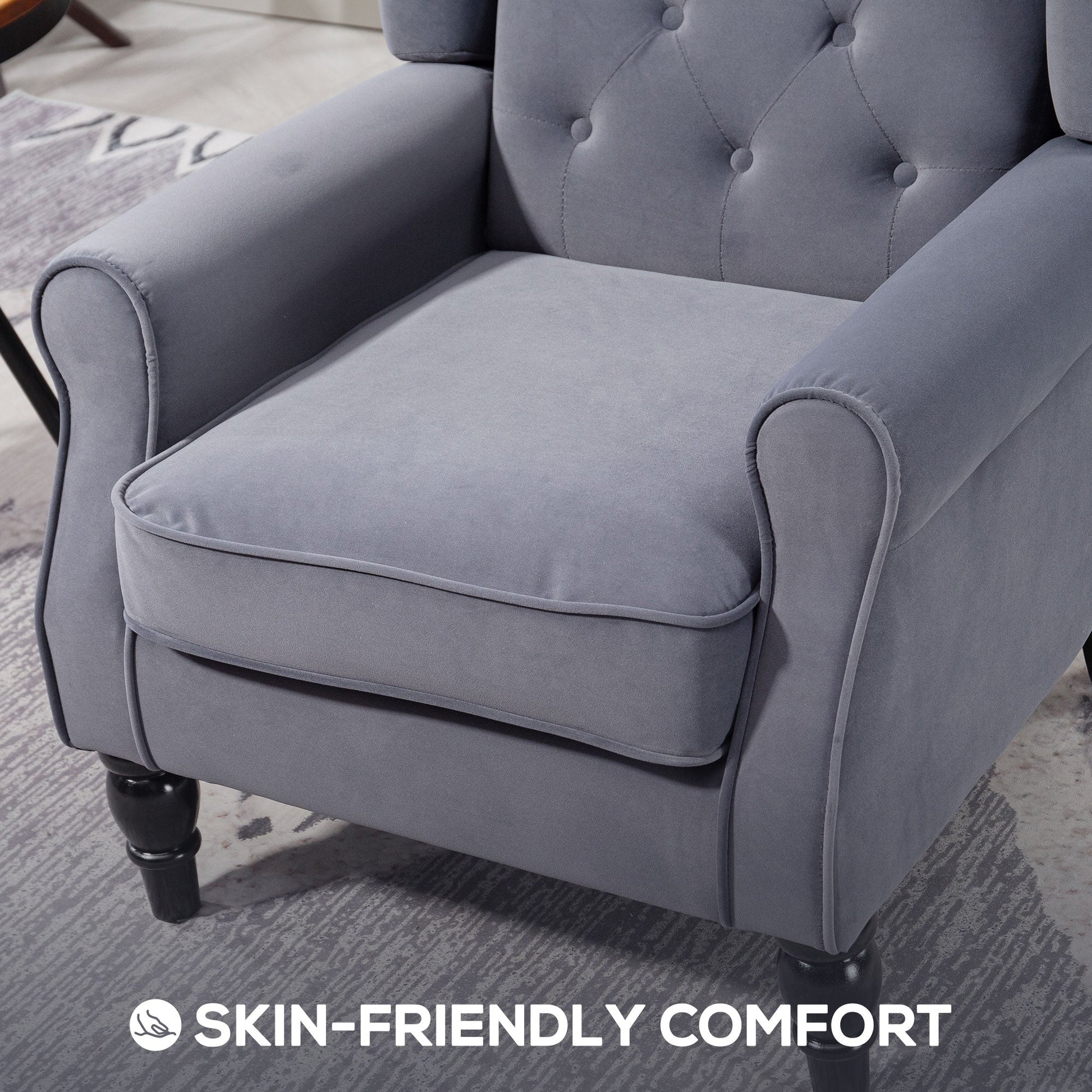 Retro Accent Chair, Velvet Wingback Armchair with Wood Frame Button Tufted Design for Living Room Bedroom, Charcoal Grey