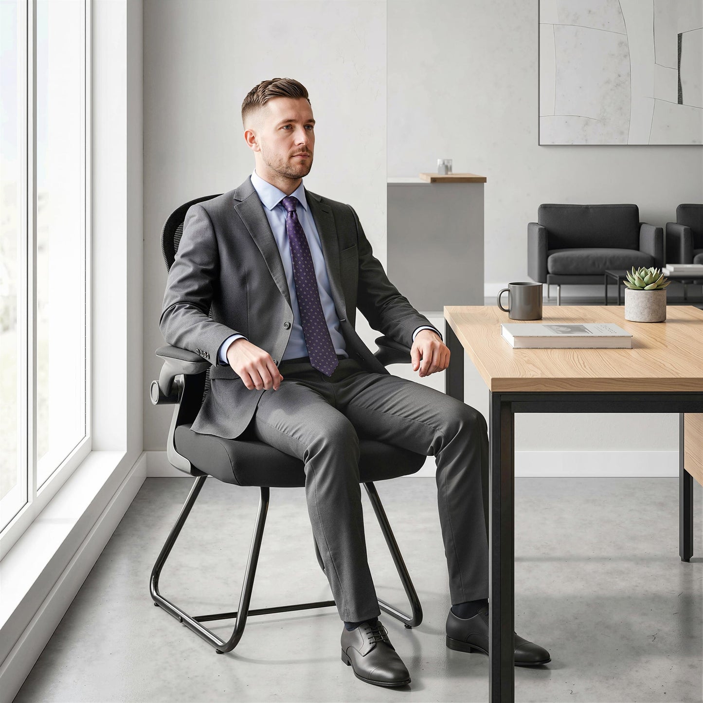 Reception Chair, Conference Meeting Office Chair with Flip-up Armrest, Mesh Backrest, Lumbar Support and Metal Base for Waiting Room Home Office, Black