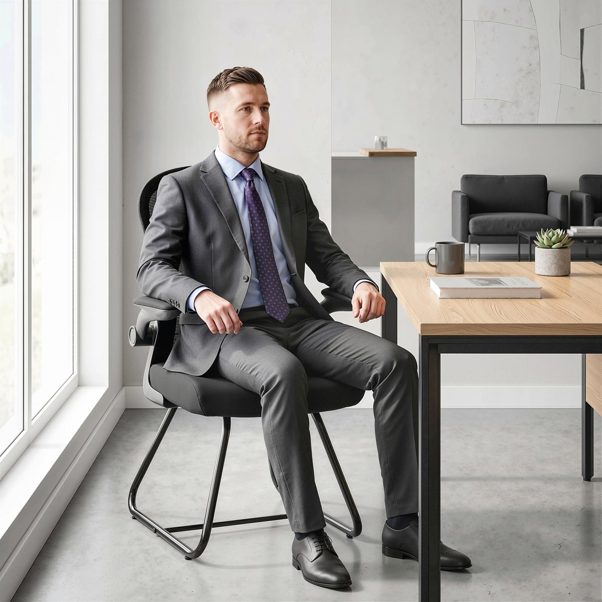Reception Chair, Conference Meeting Office Chair with Flip-up Armrest, Mesh Backrest, Lumbar Support and Metal Base for Waiting Room Home Office, Black