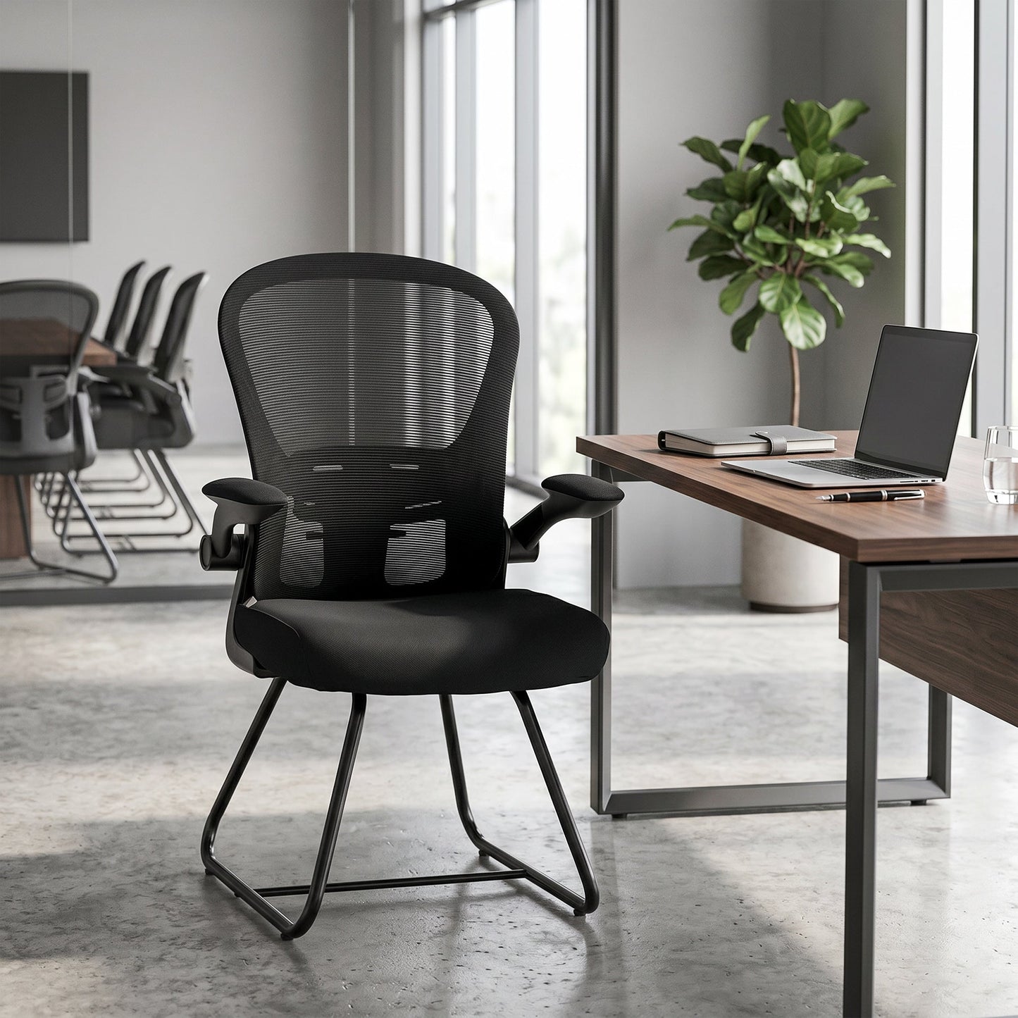 Reception Chair, Conference Meeting Office Chair with Flip-up Armrest, Mesh Backrest, Lumbar Support and Metal Base for Waiting Room Home Office, Black
