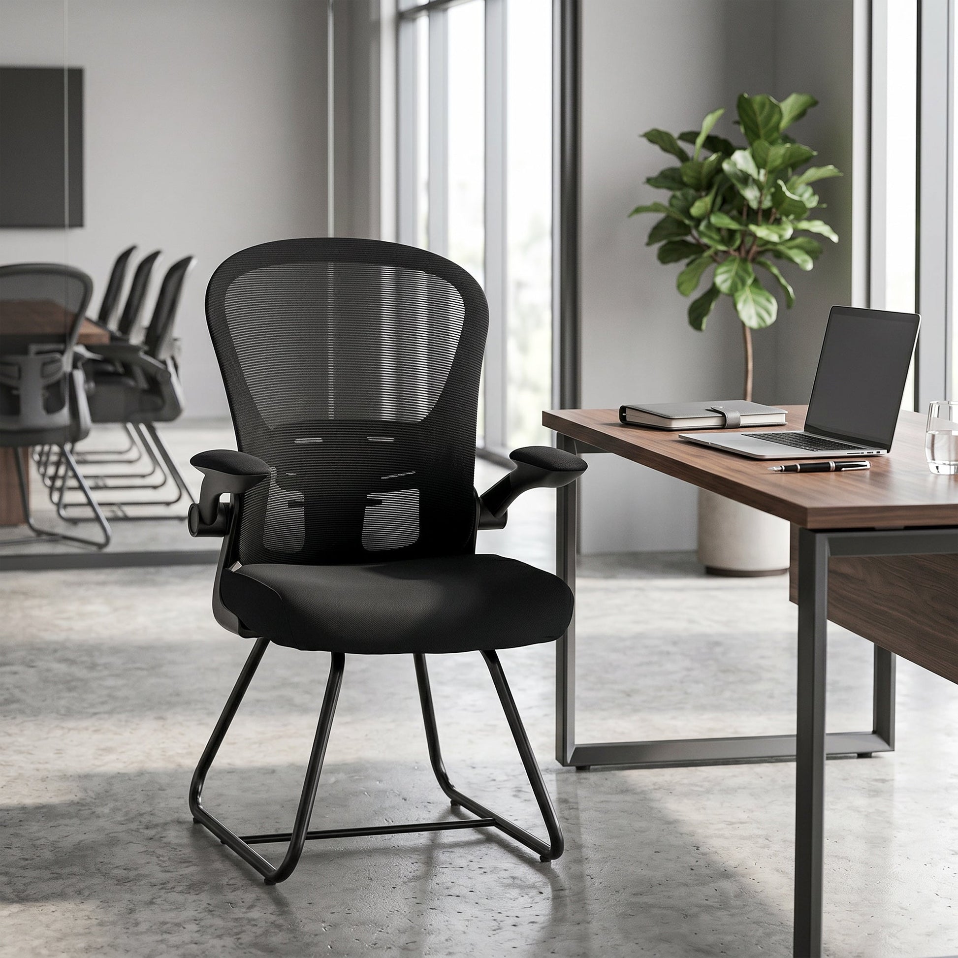 Reception Chair, Conference Meeting Office Chair with Flip-up Armrest, Mesh Backrest, Lumbar Support and Metal Base for Waiting Room Home Office, Black