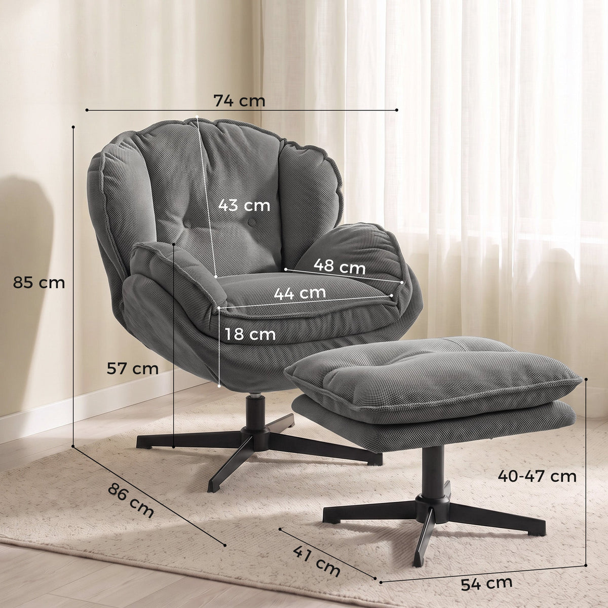 Armchair with Adjustable Footstool, 360° Swivel Chenille Cloud Accent Chair with Thick Cushion, Steel Base for Living Room, Bedroom, Grey