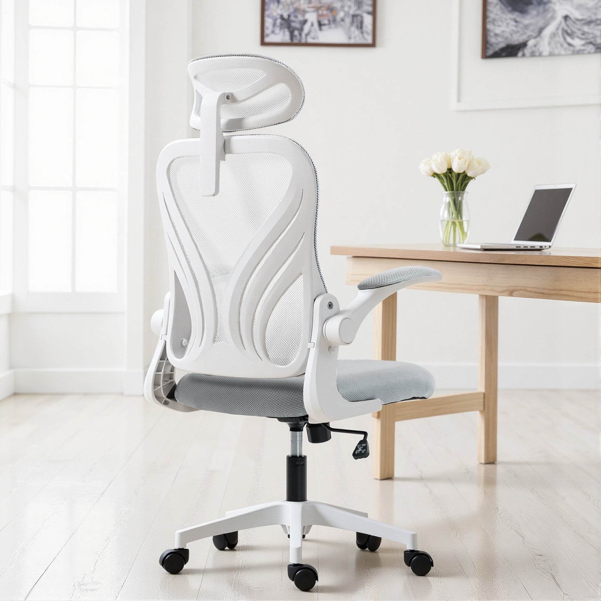 Ergonomic Office Chair, High Back Mesh Desk Chair with Foldable Backrest, 2D Headrest, Flip-up Armrest, Lumbar Support, Tilt Function, Swivel Wheels for Home Office, Light Grey