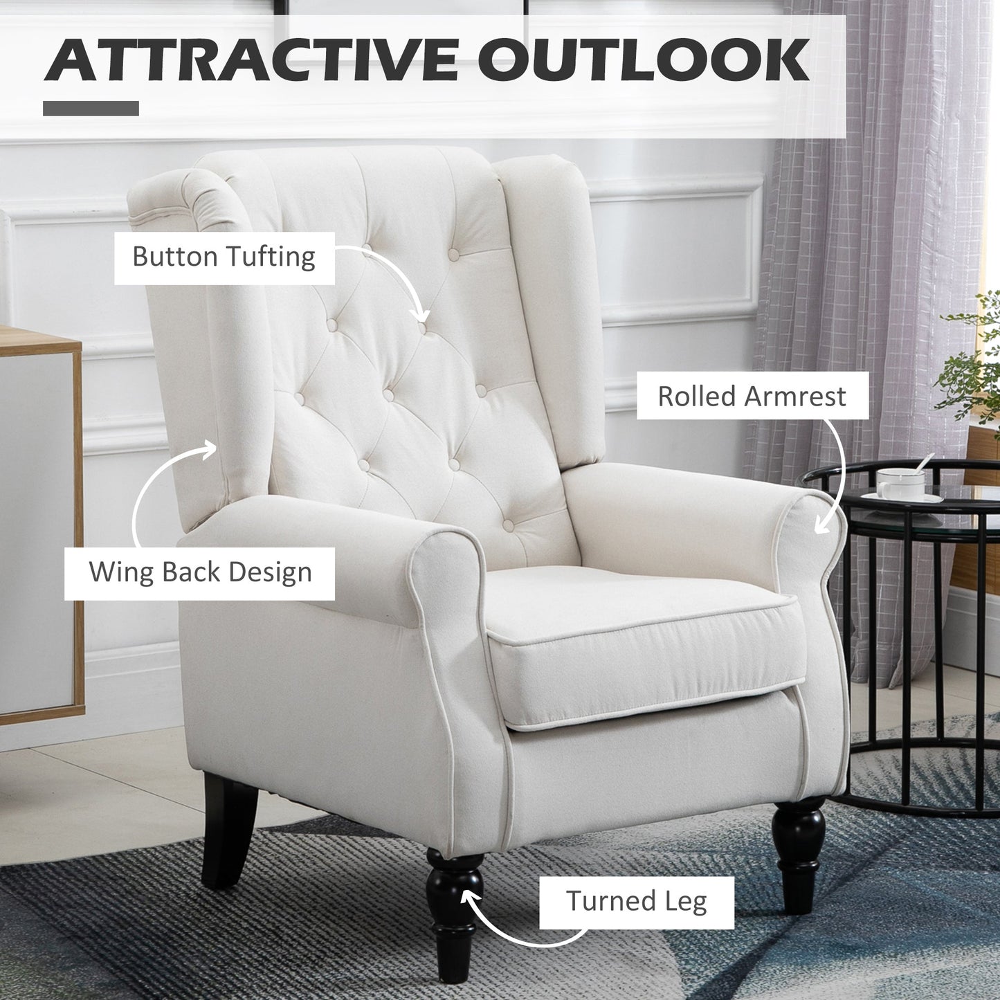 HOMCOM Retro Accent Chair, Wingback Armchair with Wood Frame Button Tufted Design for Living Room Bedroom, Cream White