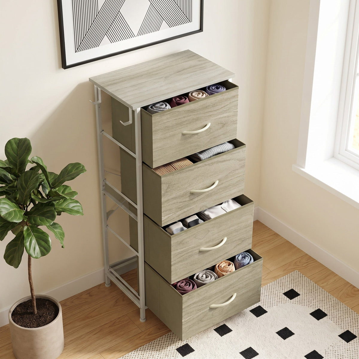 Chest of Drawers, Dresser for Bedroom with 4 Fabric Drawers, Tall Storage Unit with 4 Pockets, 2 Hooks and Steel Frame for Living Room, Hallway, Natural Wood Finish