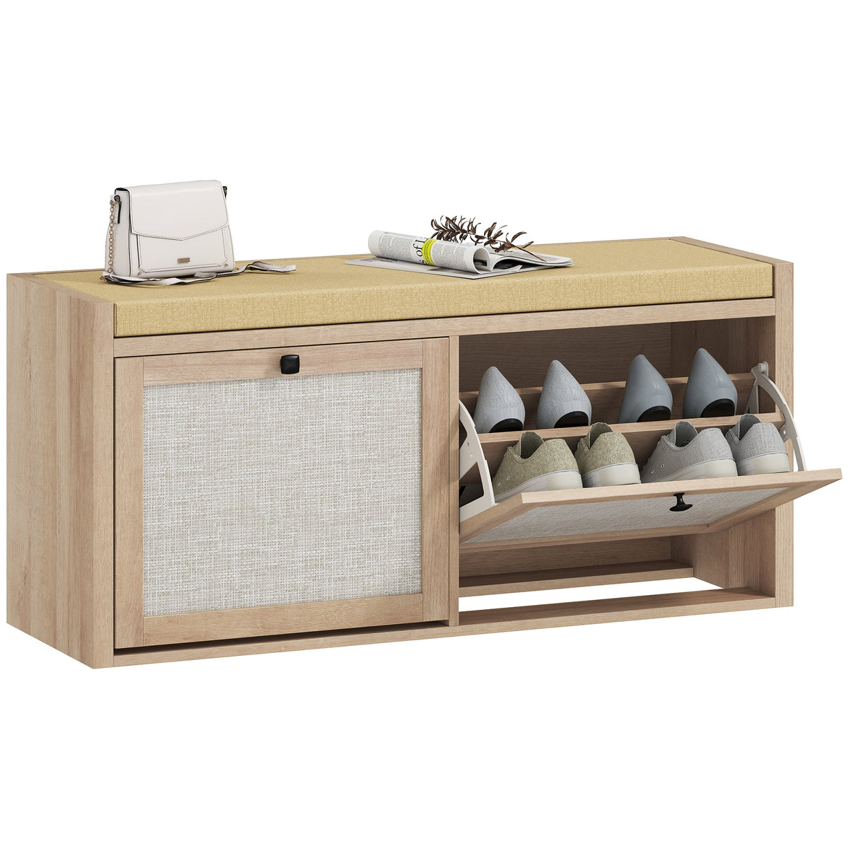 Shoe Bench with 2 Rattan Doors, Shoe Storage Bench with Padded Cushion Seat for Hallway, Living Room, Bedroom, Oak Wood Effect