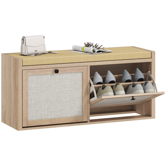 Shoe Bench with 2 Rattan Doors, Shoe Storage Bench with Padded Cushion Seat for Hallway, Living Room, Bedroom, Oak Wood Effect