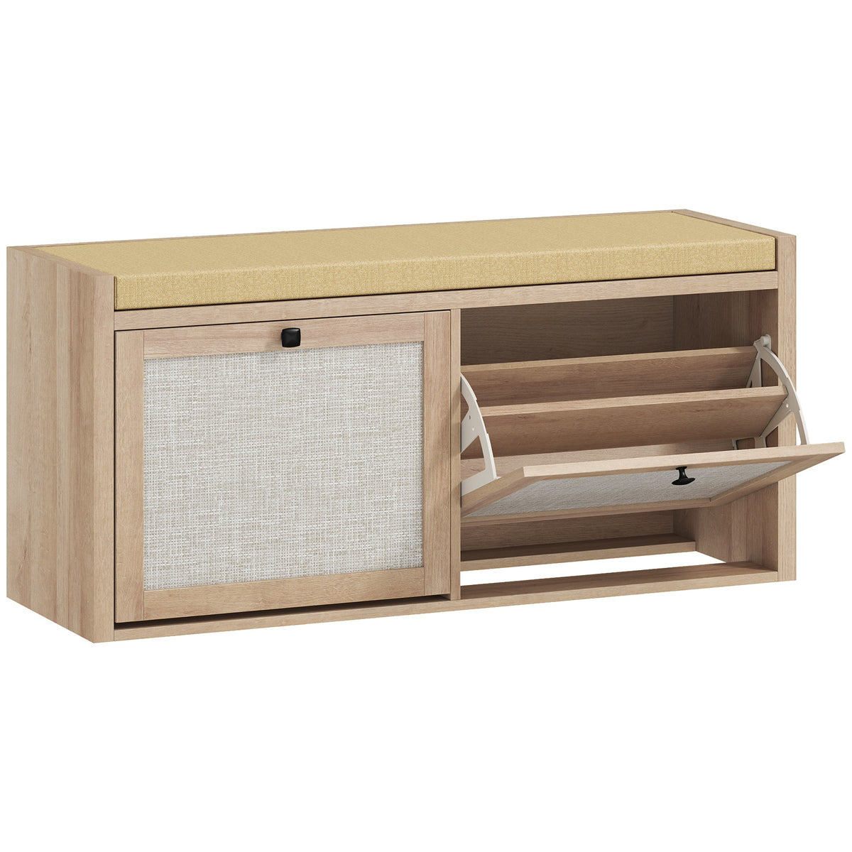 Shoe Bench with 2 Rattan Doors, Shoe Storage Bench with Padded Cushion Seat for Hallway, Living Room, Bedroom, Oak Wood Effect