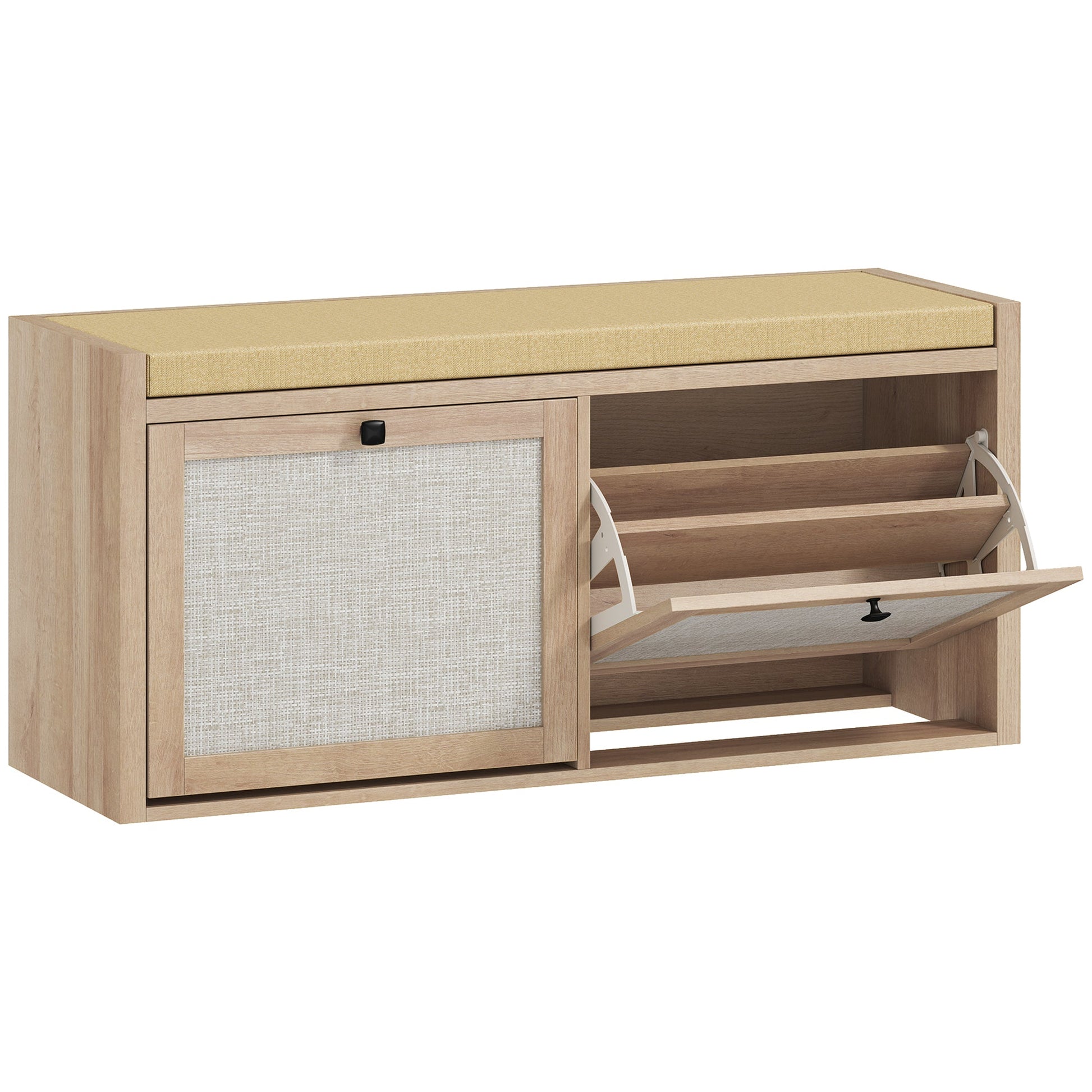 Shoe Bench with 2 Rattan Doors, Shoe Storage Bench with Padded Cushion Seat for Hallway, Living Room, Bedroom, Oak Wood Effect