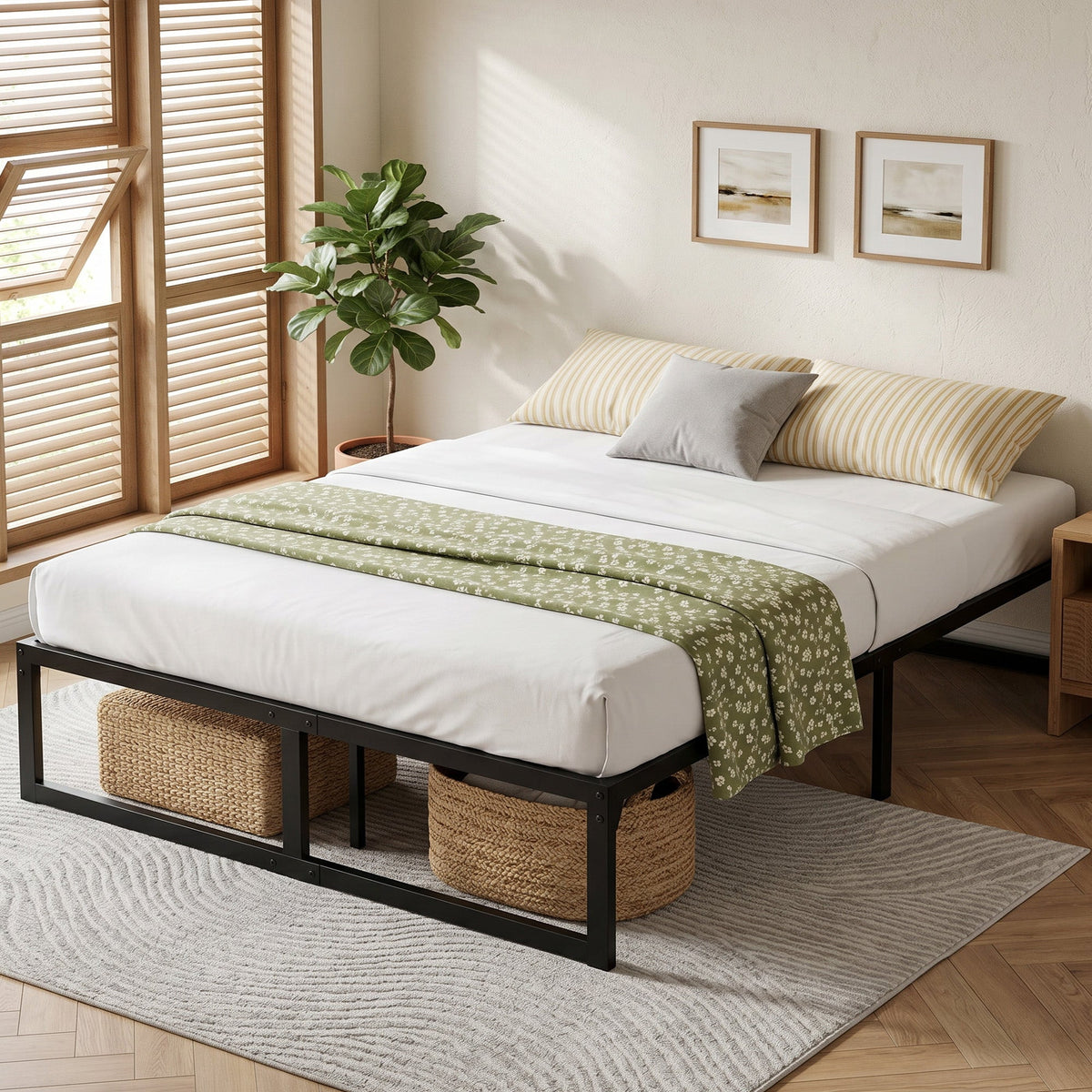 4ft6 Double Bed Frame with Underbed Storage, 32.5 cm Height, Metal Platform Bed Frame with Steel Slat Support, Noise-Free, Easy Assembly, Black