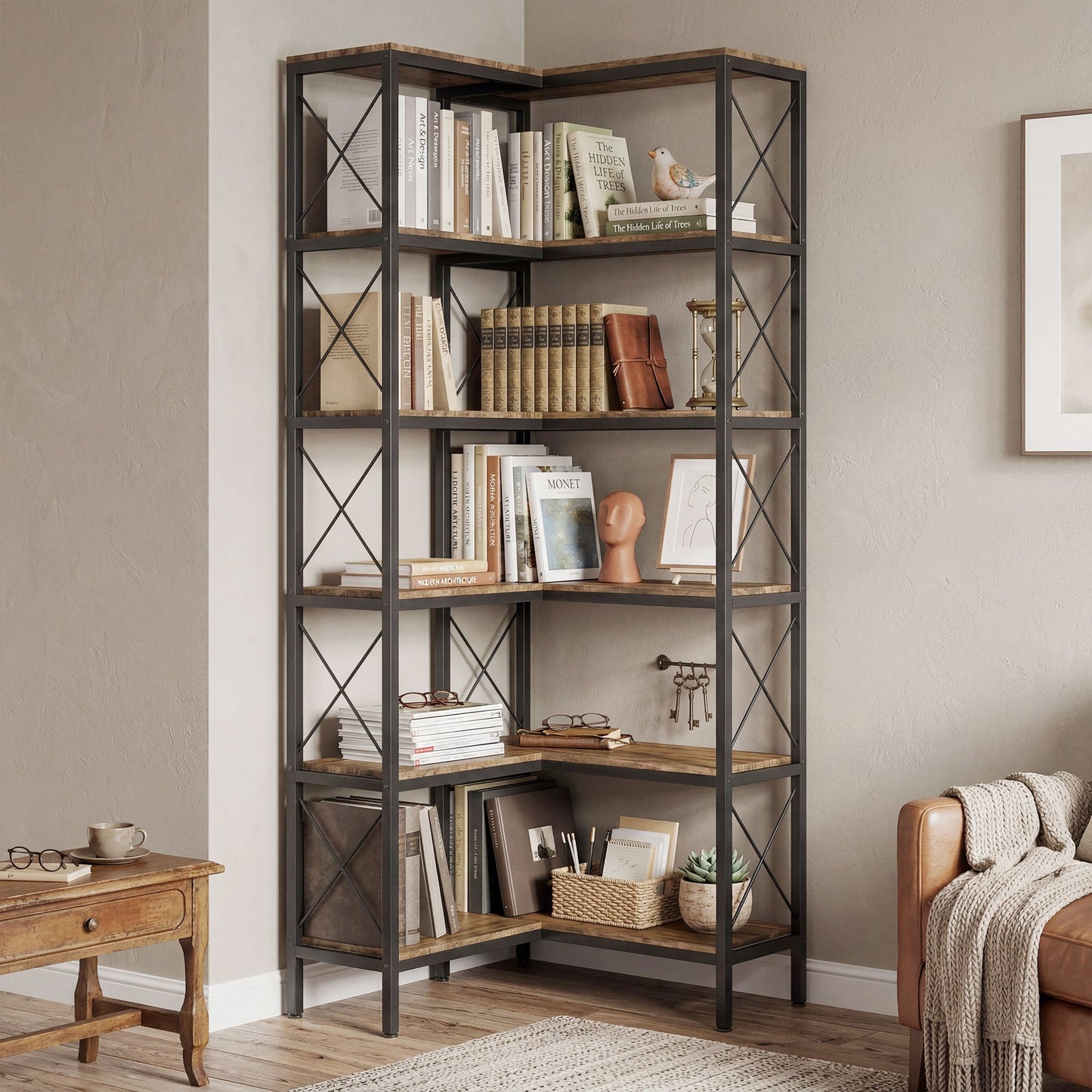5-Tier Corner Bookshelf, L-Shaped Bookcase, Freestanding Display Shelf with Metal Frame for Living Room, Home Office, Bedroom, 60 x 60 x 167 cm, Rustic Brown