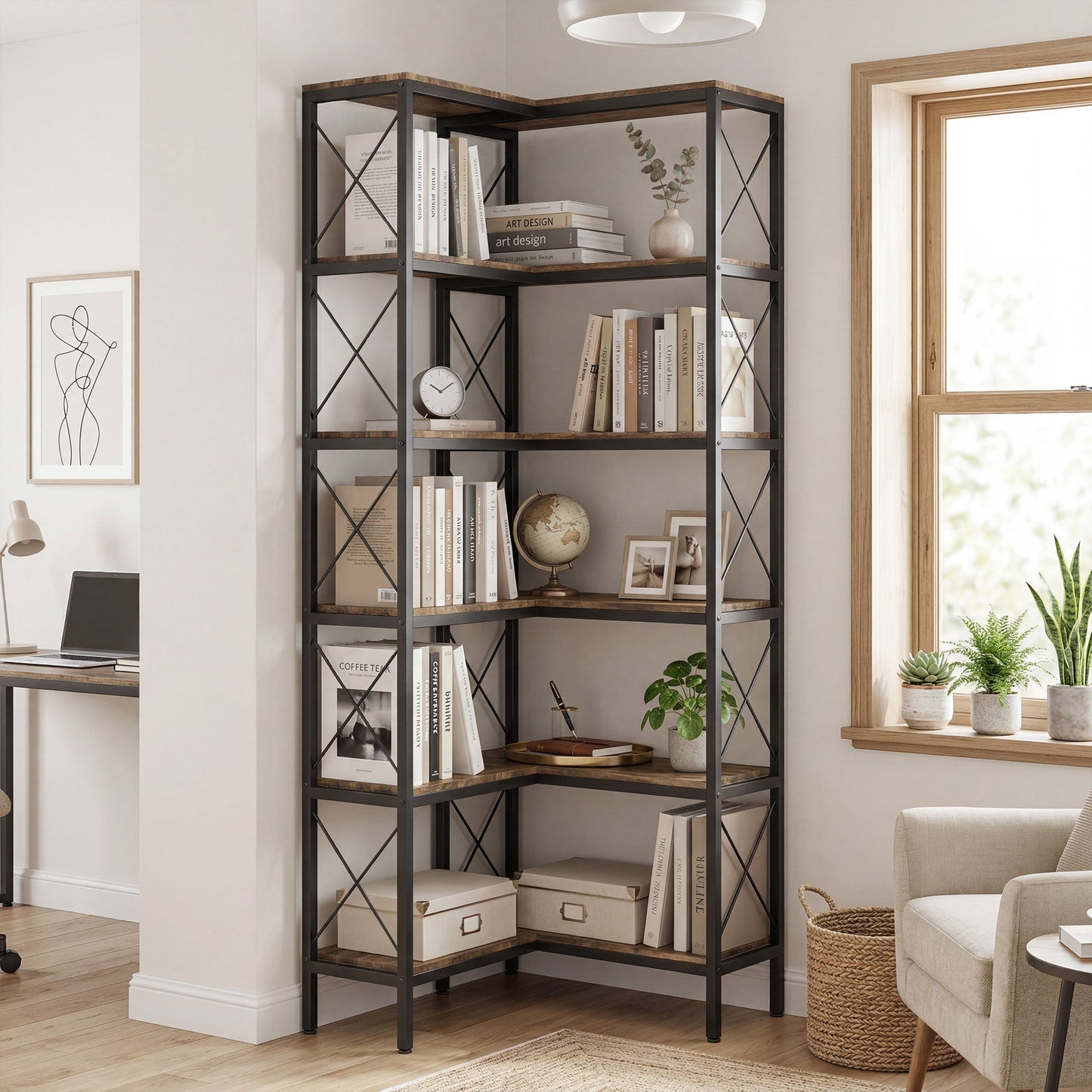 5-Tier Corner Bookshelf, L-Shaped Bookcase, Freestanding Display Shelf with Metal Frame for Living Room, Home Office, Bedroom, 60 x 60 x 167 cm, Rustic Brown
