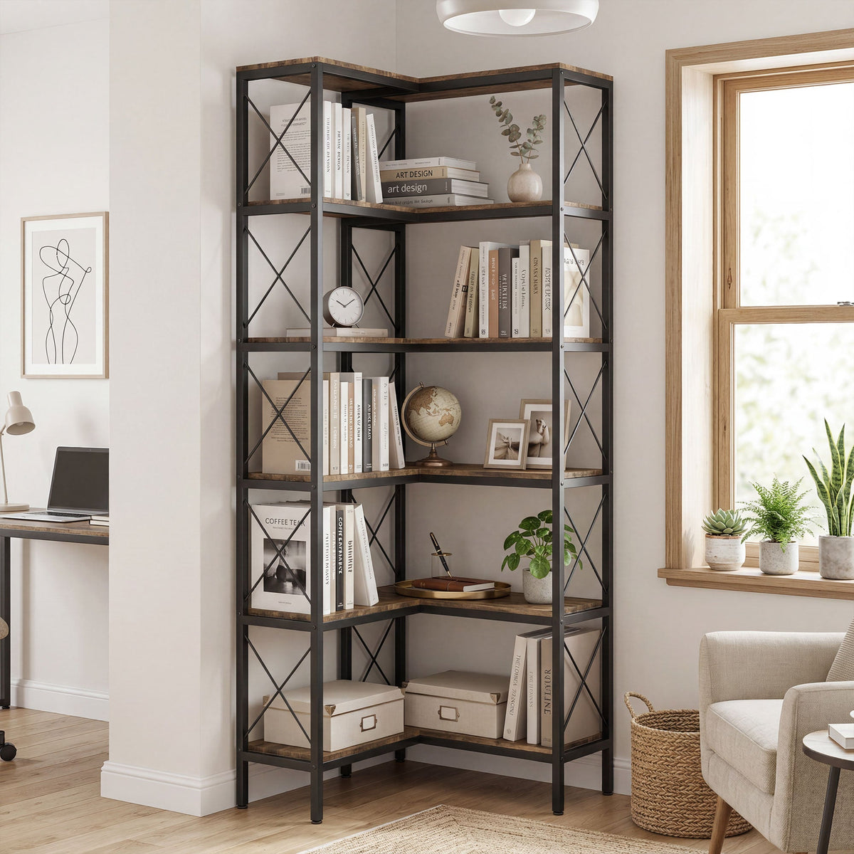 5-Tier Corner Bookshelf, L-Shaped Bookcase, Freestanding Display Shelf with Metal Frame for Living Room, Home Office, Bedroom, 60 x 60 x 167 cm, Rustic Brown