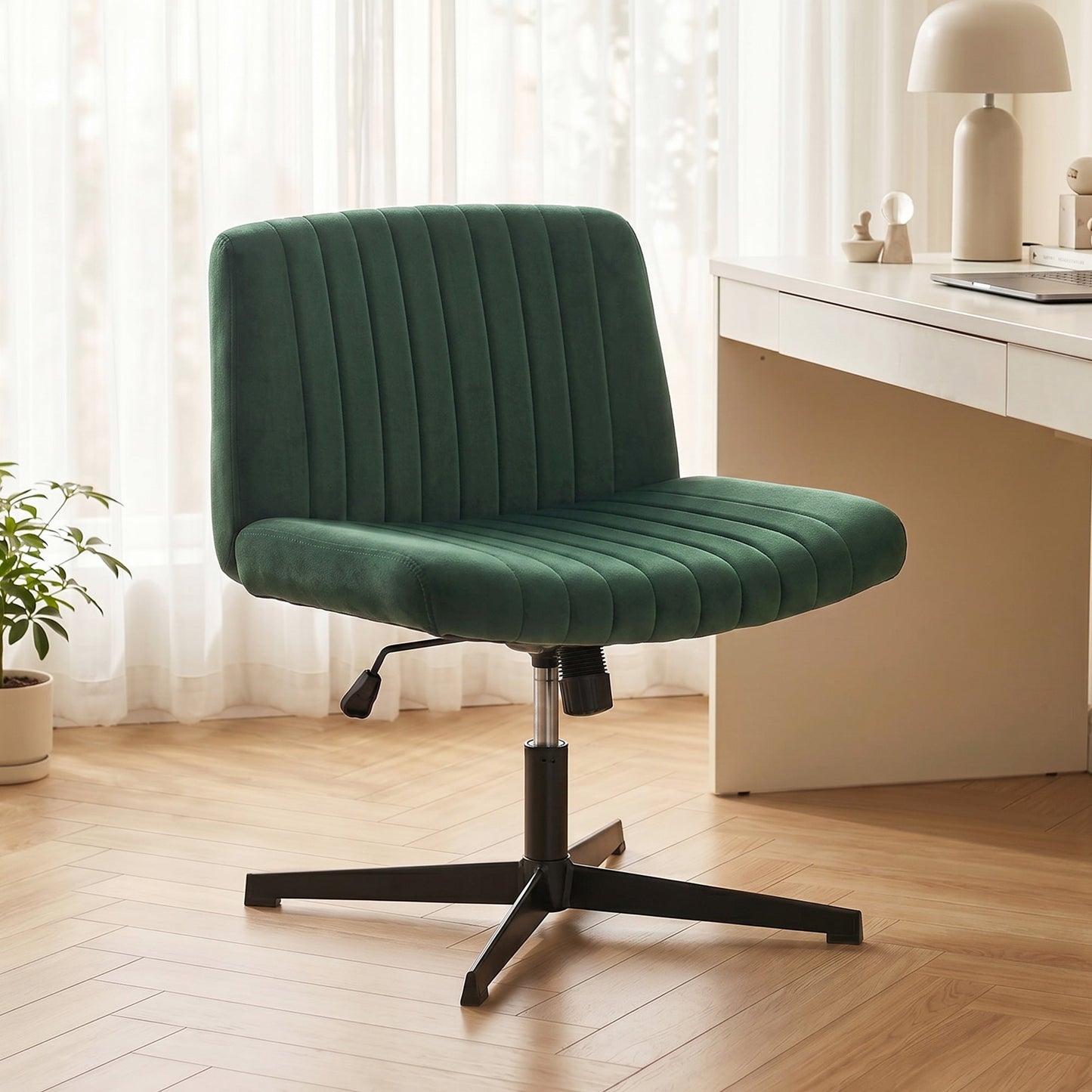 Armless Office Chair No Wheels, Flannel Criss Cross Legged Desk Chair with Wide Seat, Thick Padding, Rock Function, Height Adjustable Swivel Computer Seat for Home, Green