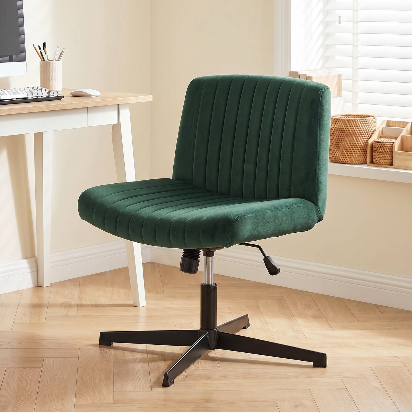 Armless Office Chair No Wheels, Flannel Criss Cross Legged Desk Chair with Wide Seat, Thick Padding, Rock Function, Height Adjustable Swivel Computer Seat for Home, Green