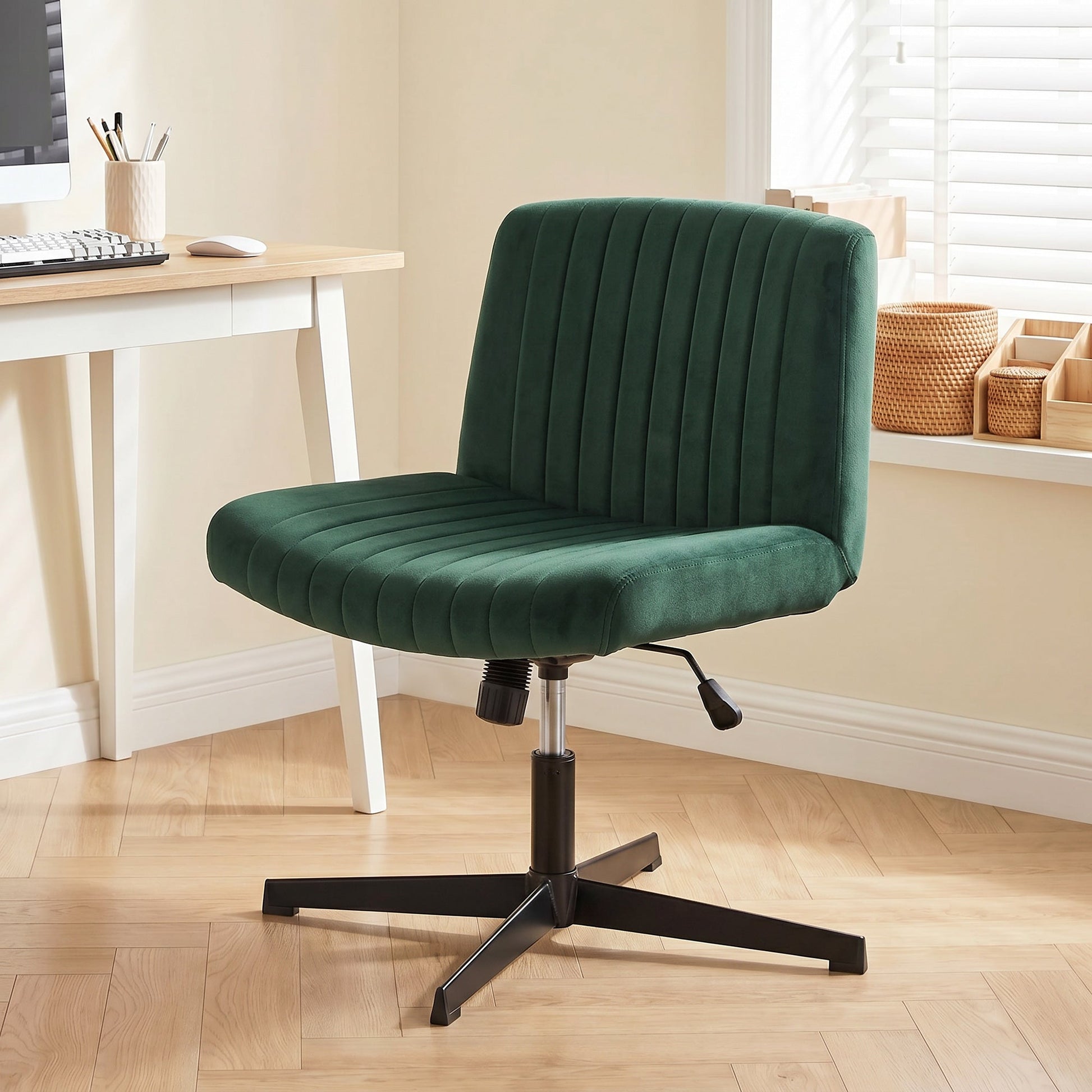 Armless Office Chair No Wheels, Flannel Criss Cross Legged Desk Chair with Wide Seat, Thick Padding, Rock Function, Height Adjustable Swivel Computer Seat for Home, Green