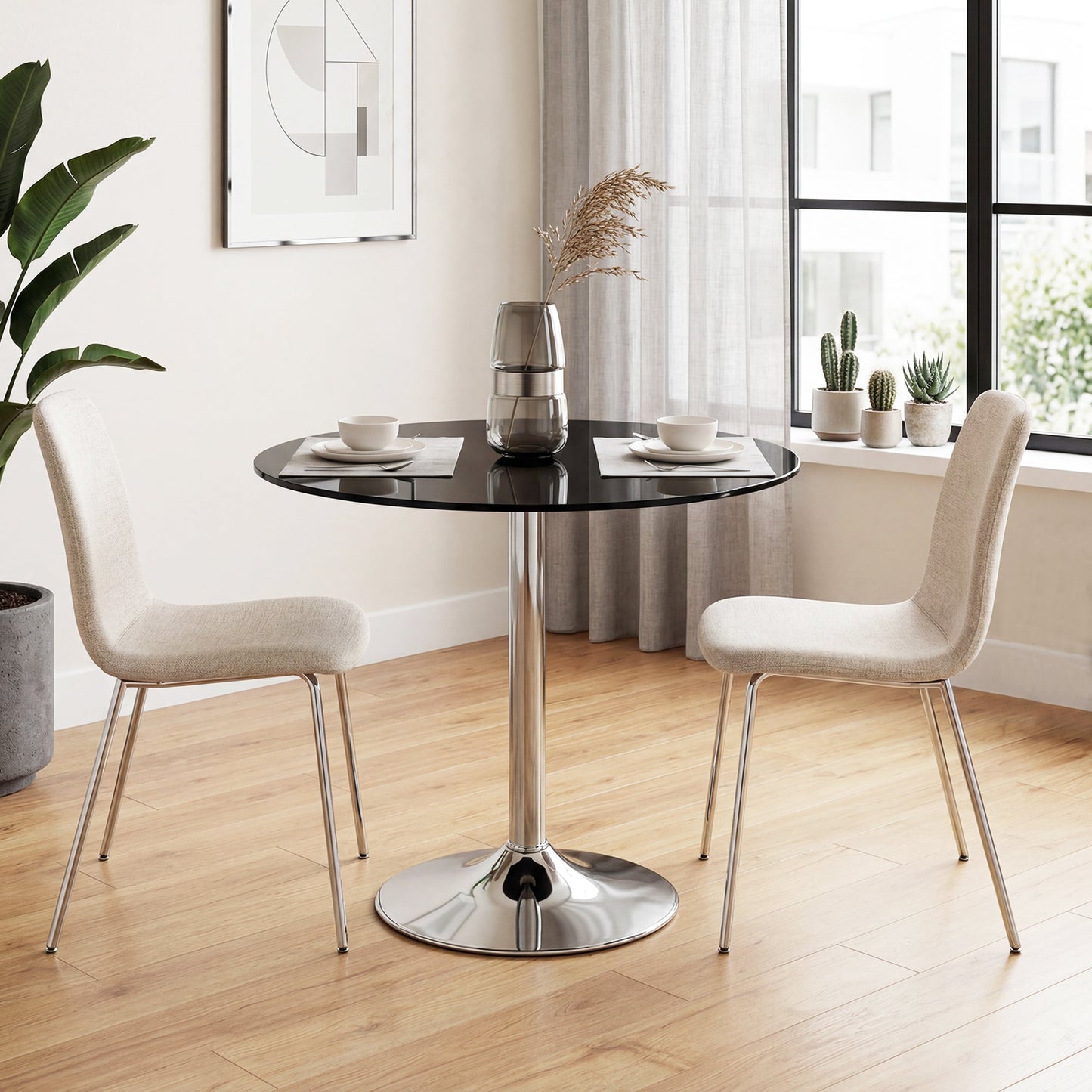 Round Bar Table, Modern Dining Table with Tempered Glass Top and Steel Frame for 4, Easy Assembly for Breakfast Bar, Dining Room, 70 x 70 x 75.5cm, Black